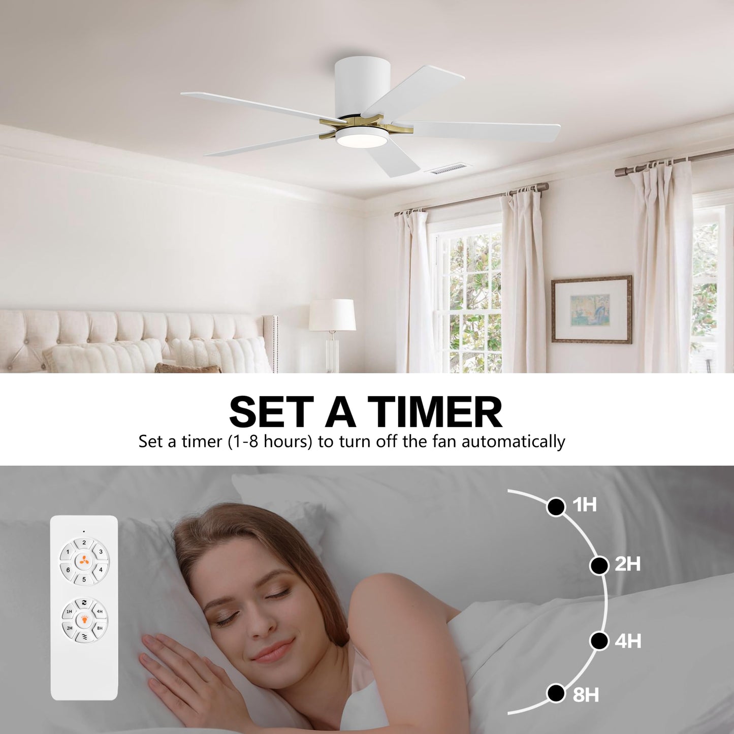 WINGBO 52" DC Flush Mount Ceiling Fan with Lights, 5 Plywood Blades, 6-Speed Reversible DC Motor, 3CCT, Low Profile Hugger Ceiling Fan for Living Room Bedroom Kitchen, White and Brass