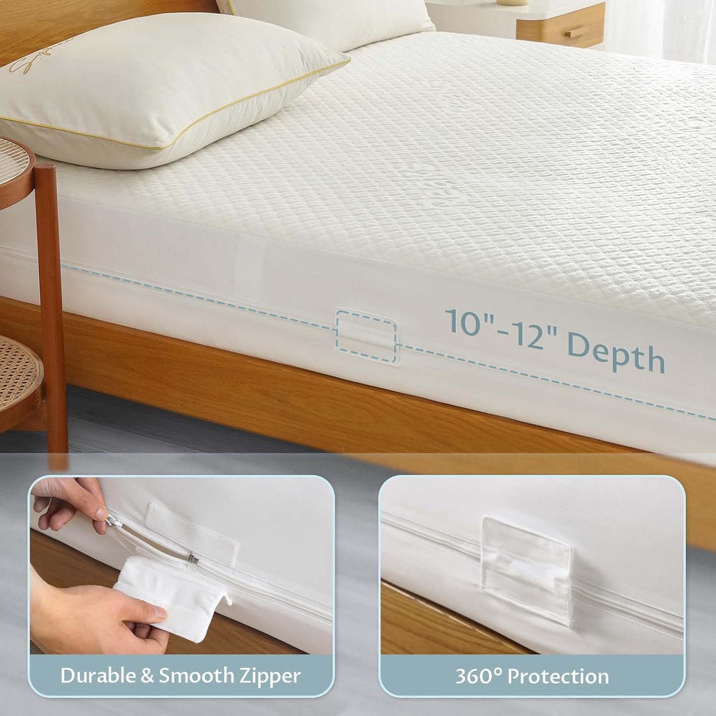 Queen Size Mattress Protector - 100% Waterproof Zippered Cover | Soft, Cooling & Noiseless Encasement for 10-12" Deep Mattresses