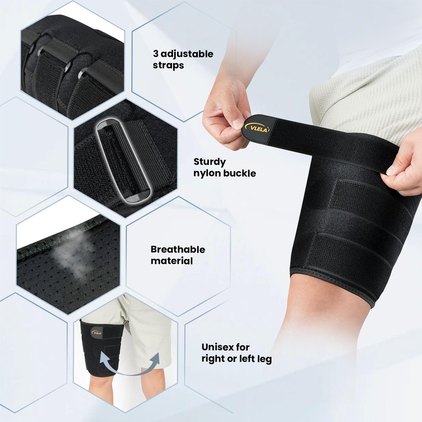 Hamstring Compression Sleeve with 3 Adjustable Straps,Thigh Compression Sleeve for Men Women,Thigh Wrap Compression for Pulled Hamstring,Groin ,Quad,Hamstring Brace for Hamstring Injury, Leg Brace for Upper Thigh support (Black, X-Large)
