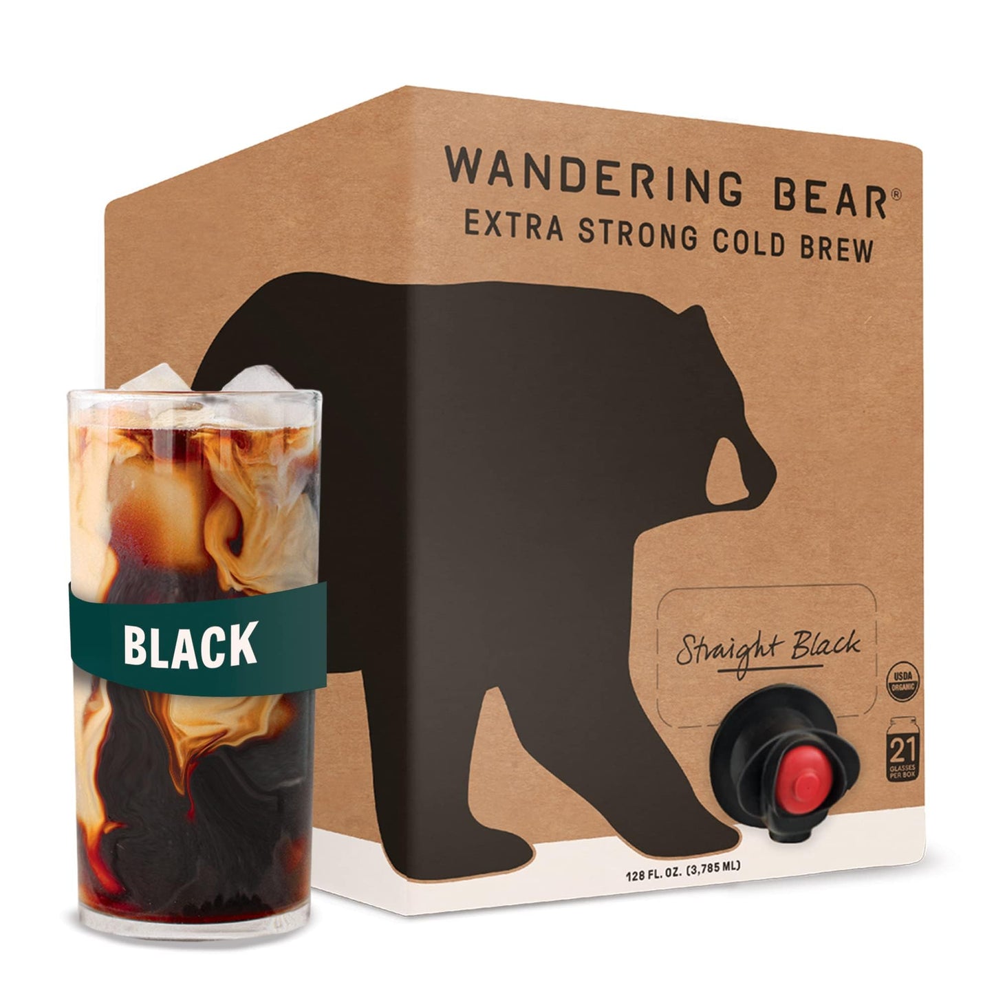 Wandering Bear Straight Black Organic Cold Brew Coffee On Tap, Iced Coffee Drink - Extra Strong, Bold, Smooth, No Sugar Added, Shelf-Stable, Ready to Drink & Vegan, 100% Organic - 128 fl oz (1 gallon)