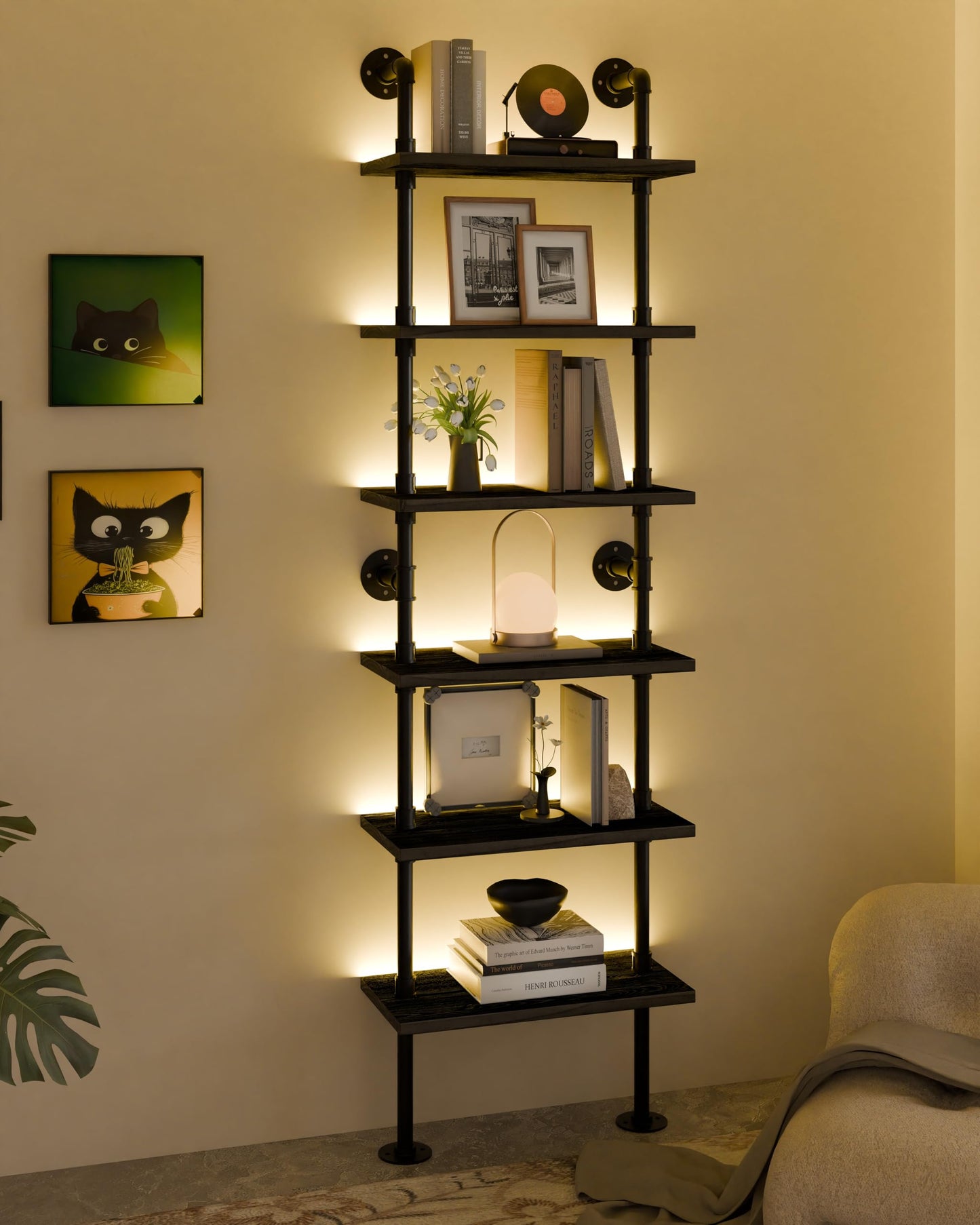 Anynice 6-Tier Ladder Shelf with Warm LED Light Strip, Solid Pine Wood Wall Mounted Bookshelf in Black, 24-Inch Industrial Pipe Bookcase for Living Room, Bedroom, Home Office