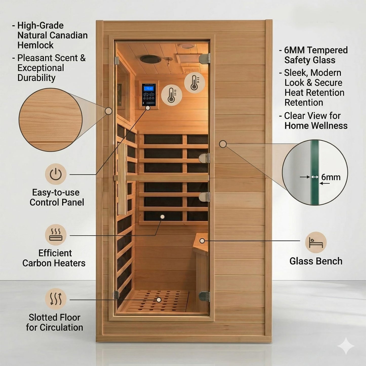 DWKWE 1 Person Low EMF Far Infrared Sauna, Natural Spruce Wood Compact Home Sauna, 1200W 110V, Bluetooth & Reading Light, 6mm Tempered Glass, Small Space Personal Sauna
