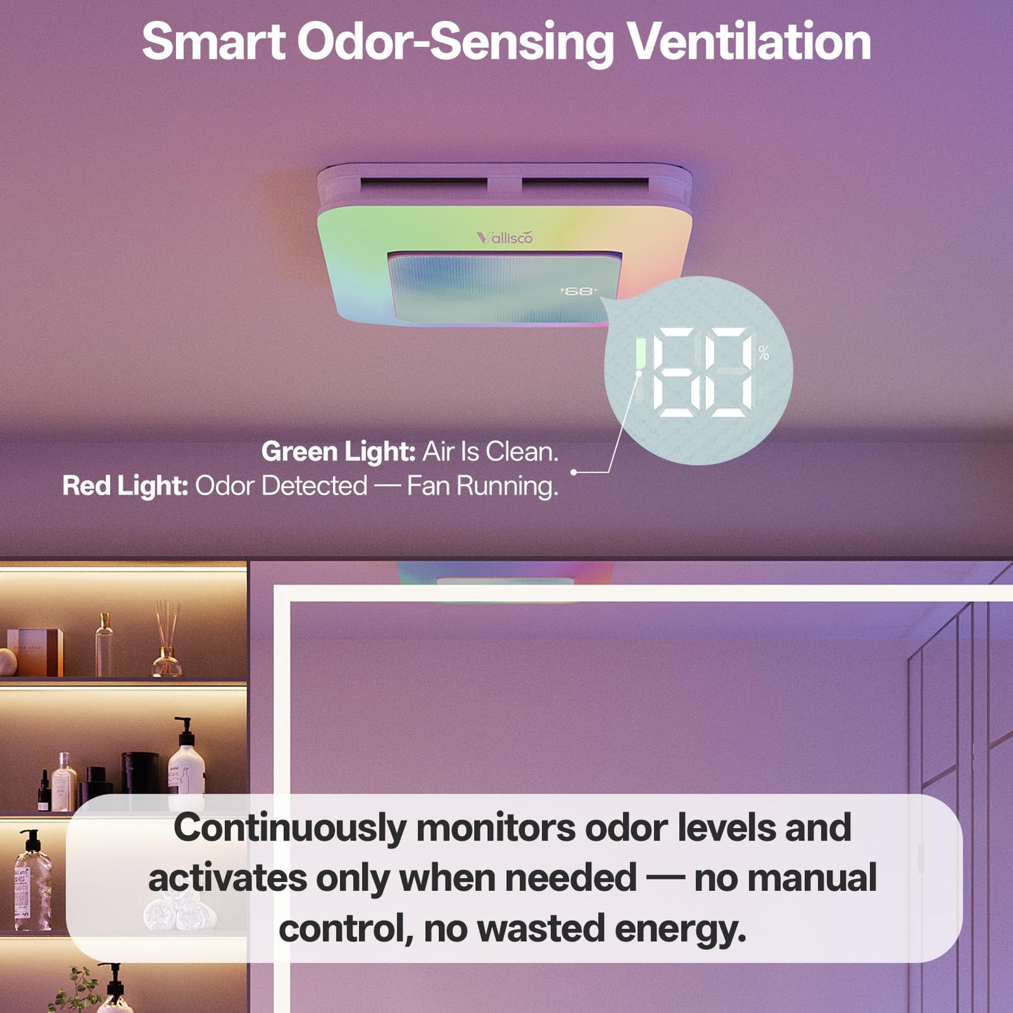 VallisCo Bathroom Exhaust Fan with Light, Odor & Humidity Sensors, 230 CFM Quiet Bathroom Ceiling Fan with Remote, Timer, 3 Dynamic RGB Lights, 2700K–6500K Dimmable, Wall/Ceiling Mount (Ocean Mist)