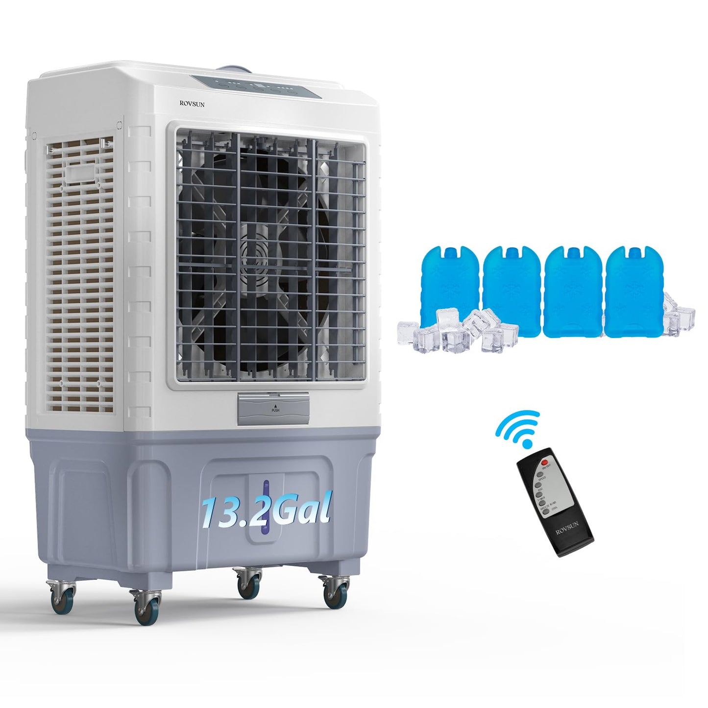 ROVSUN 13.2Gal Portable Swamp Cooler, 4100CFM Evaporative Air Cooler with Auto Oscillating, Remote, 3 Speeds, 7.5H Timer & 4 Ice Packs, 3-IN-1 Humidifying Cooling Fan Indooor Outdoor Patio Garage