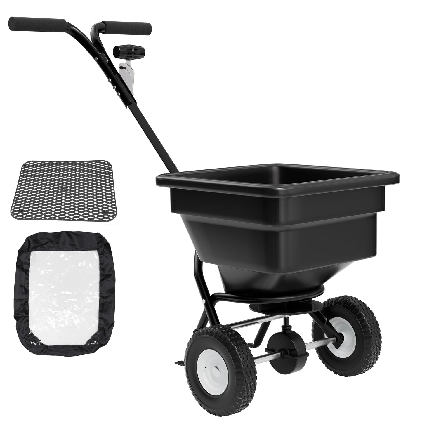 PPOLB Broadcast Spreader for Lawns, 100LB Fertilizer Spreader with 30-Level Flow Control, Walk Behind Lawn Seed & Salt Spreader, 0–10FT Coverage, Hopper Screen, Rain Cover, 12" Pneumatic Wheels