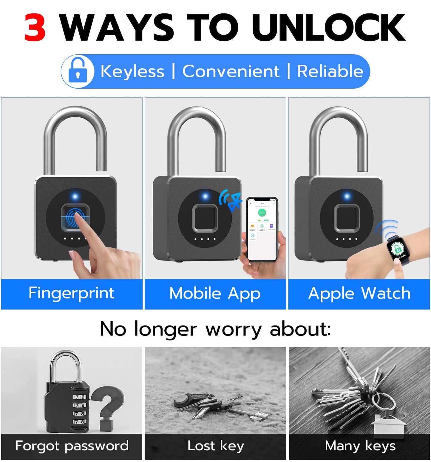 eLinkSmart Fingerprint Gym Locker Lock, Keyless Biometric Padlock, Weatherproof Electronic Digital Bluetooth App Smart Combination Pad Lock for Outdoor Fence Gate Storage Unit Pool Shed - Black
