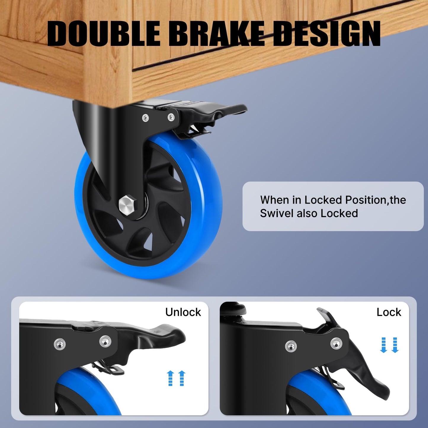 Humagineer 5 Inch Casters Wheel Set of 4, 2200 Lbs Heavy Duty Casters, Safety Locking Industrial Casters with Brake, No Noise Plate Wheels for Cart, Workbench, Furniture (Free Hardware Kits)