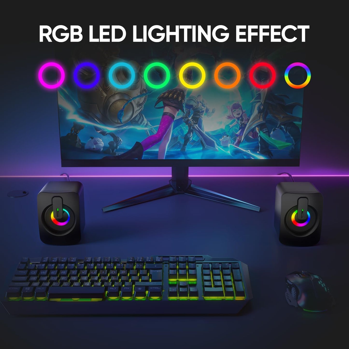 MELOGAGA 7-Color 3.5mm RGB Computer Speakers, USB-Powered PC Speakers with LED Backlight, Aux Compact Soundbar