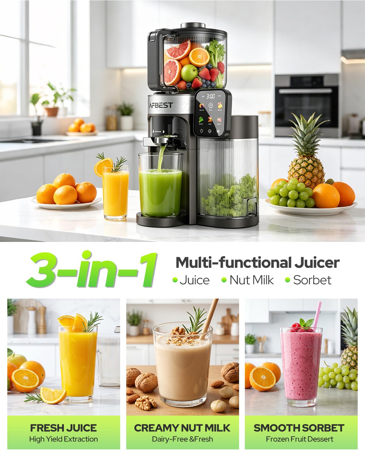 AFBEST 2026 Upgraded Cold Press Juicer Machine, 6.5" Extra Wide Chute Masticating Juicer with 100oz Self-Feeding Hopper,3-in-1 Smart Touch Slow Juicer for Sorbet & Nut Milk, High Yield, Easy Clean