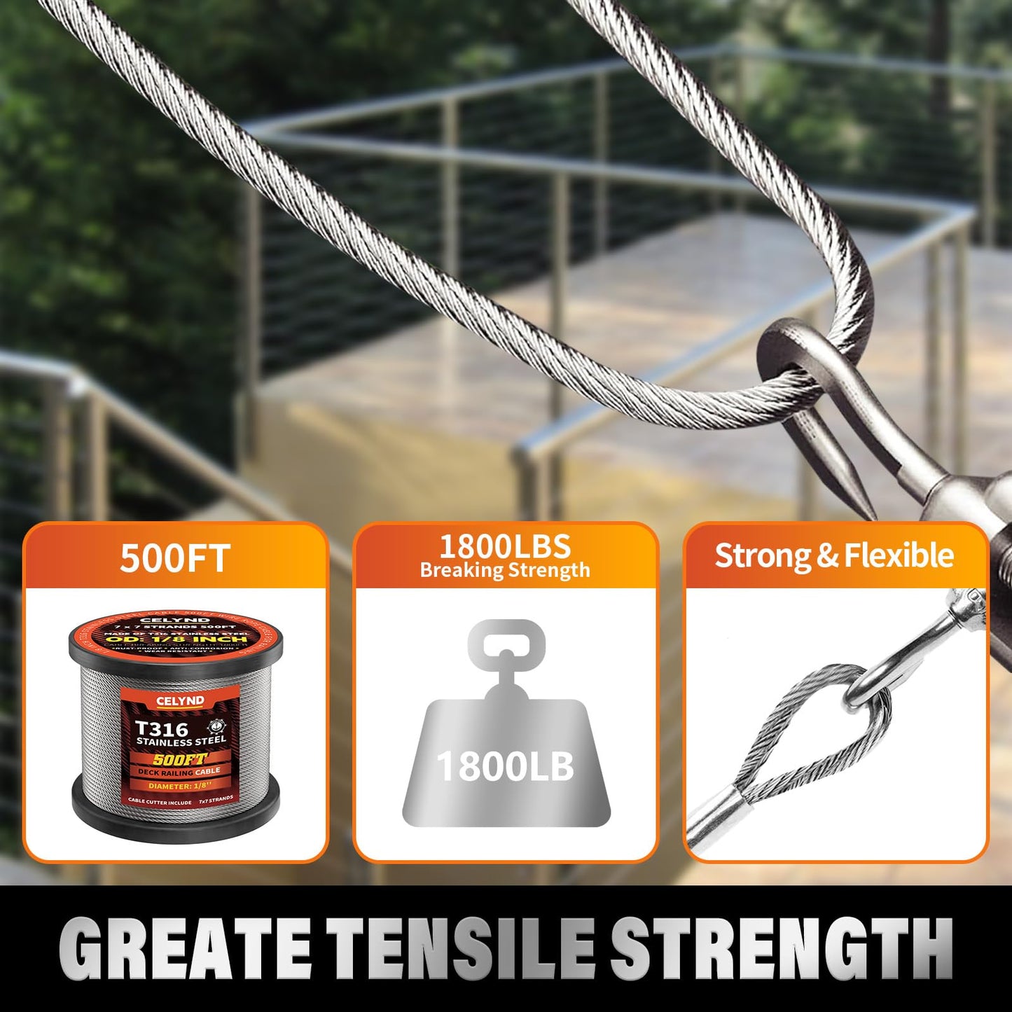 CELYND Stainless Steel Cable for Railing - 500FT 1/8" T316 Wire Rope Cable for Deck Railings System Kit