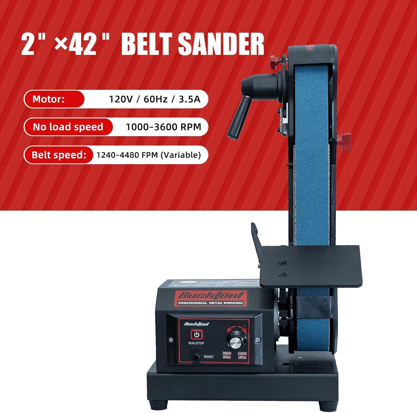 Bucktool Variable Speed 2×42 Inch Belt Sander 3.5A DC Motor with Control Panel, Quick Belt Release, Adjustable Foot, Horizontal or Wall-Mountable Bench Machine for Knife Making and Metalworking