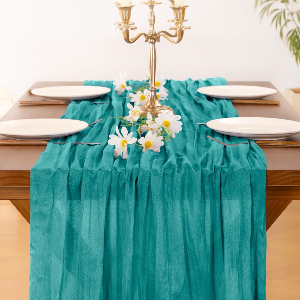 Socomi Teal Blue Cheesecloth Table Runner - 120 Inch Boho Rustic Gauze for Weddings & Events