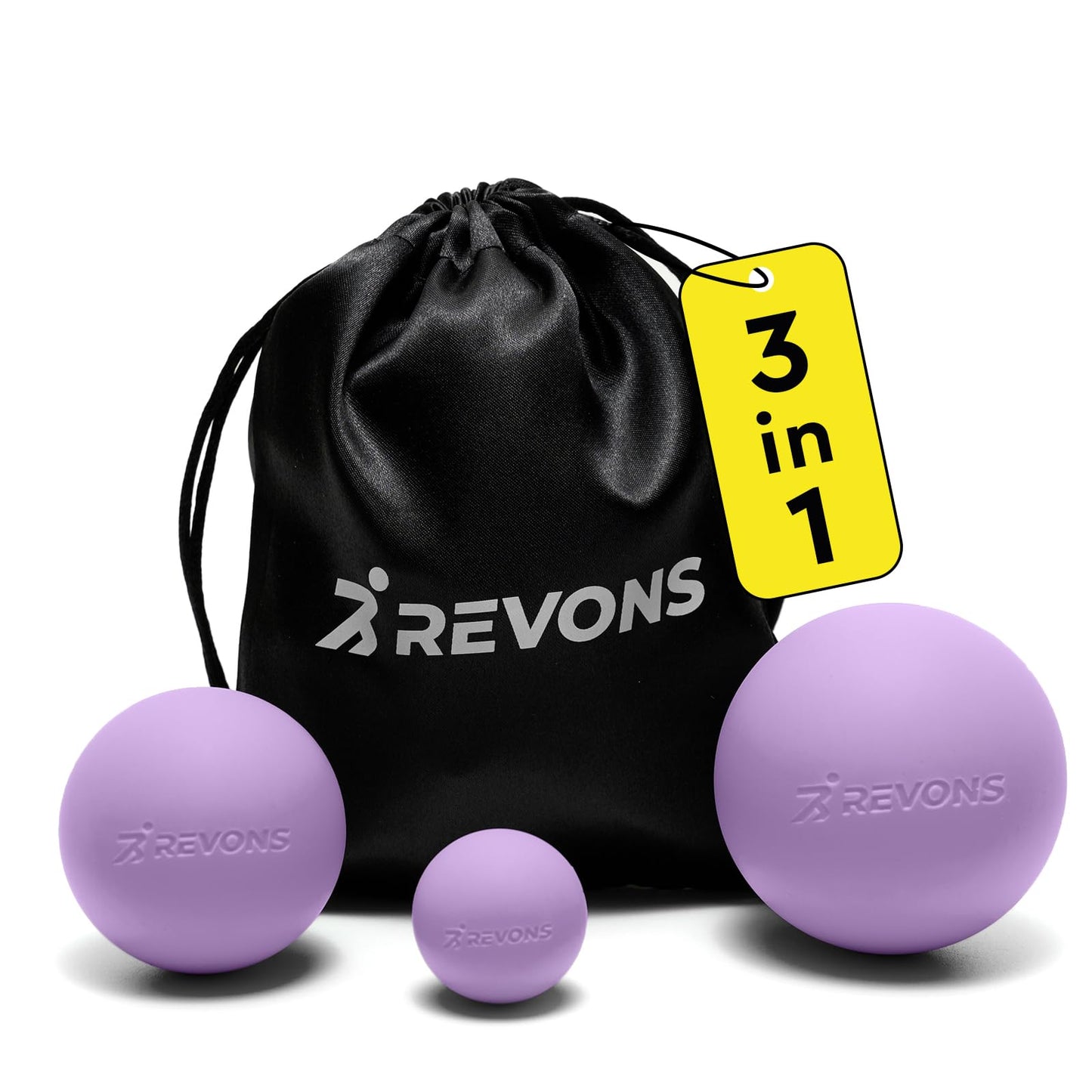 REVONS 3 in 1 Massage Ball Set - Lacrosse Balls for Myofascial Release, Back Pain Relief, Face Fitness, Trigger Points, Yoga, Physical Therapy, Muscle Recovery and Soft Deep Tissue Massage (Purple)