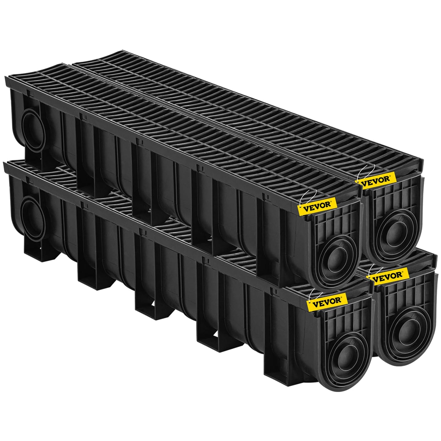 VEVOR Trench Drain System 4 Pack, Channel Drain with Plastic Grate 5.9 x 7.5 in HDPE Drainage Trench, Black Plastic Garage Floor Waterway 4 x 39 in with 4 End Caps for Garden Driveway