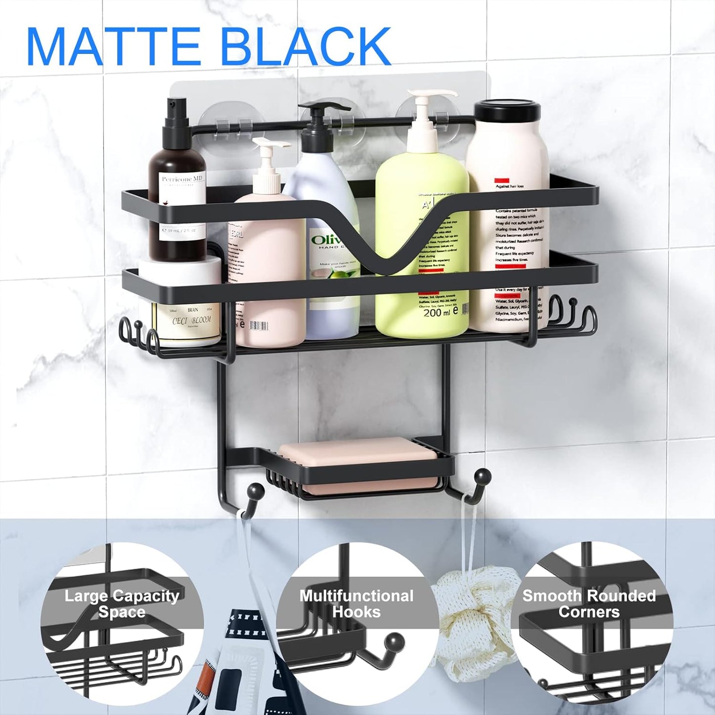 Regine Switzerland Shower Caddy 3 Pack - Rustproof No Drill Organizer with Soap Dish & Hooks | Black