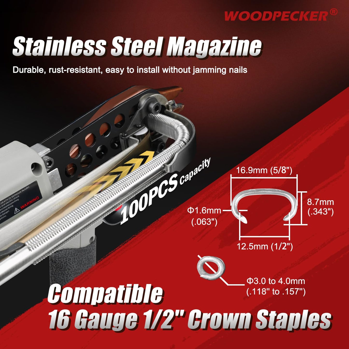 WOODPECKER eC760T 16GA Cordless 20V 4.0Ah Electric Hog Ring Gun, 1/2-Inch Crown, 3.0-4.0mm Closure Diameter, Battery Powered C Ring Plier Tool for Fencing, Wire Cages