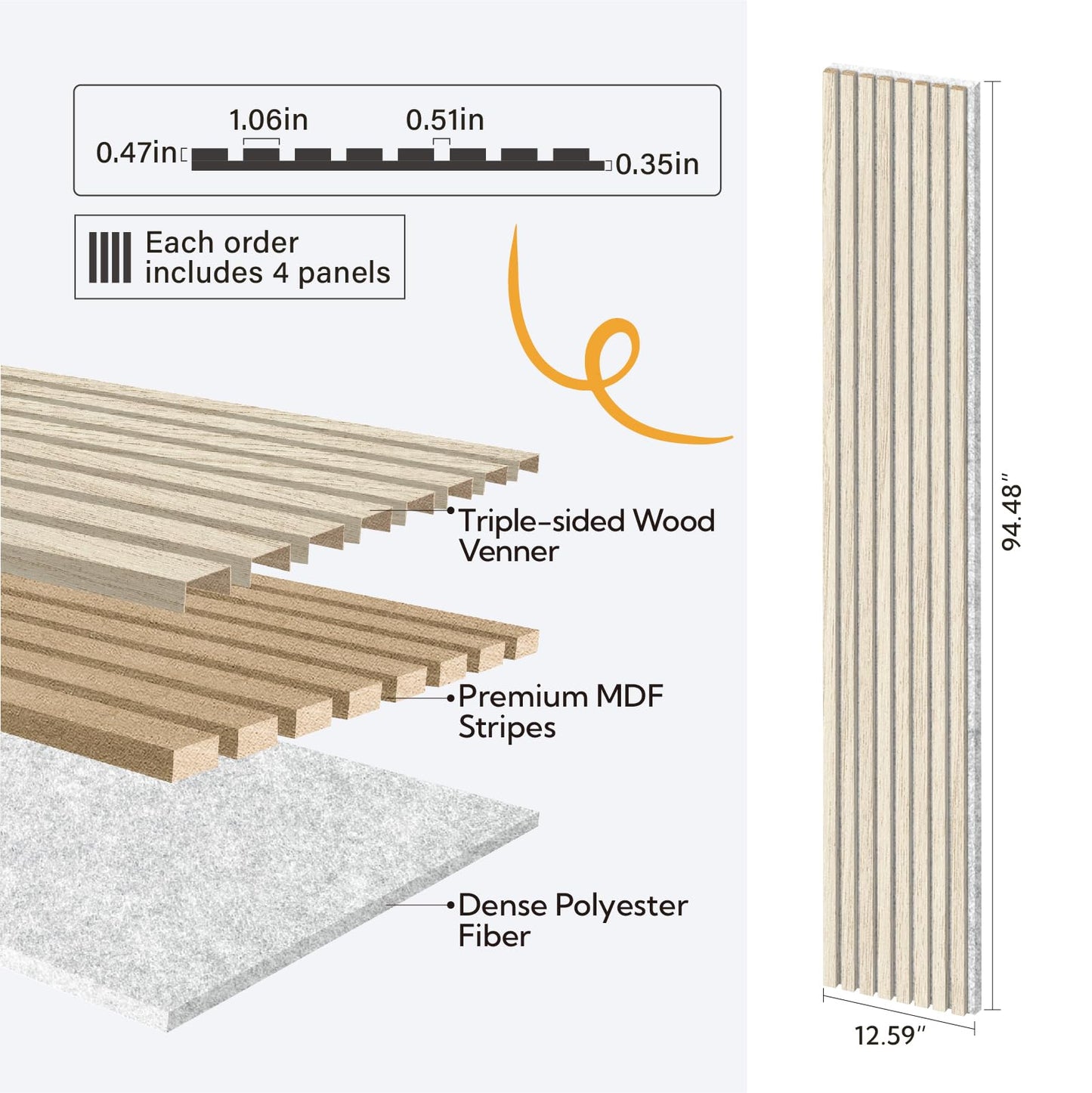 Olanglab Wood Wall Panels 4 Pack, Wood Slat Acoustic Wall Panels, 94.5"x12.6" Each 3D Wall Panels for Interior Wall Decor (Light Oak-Grey Felt)