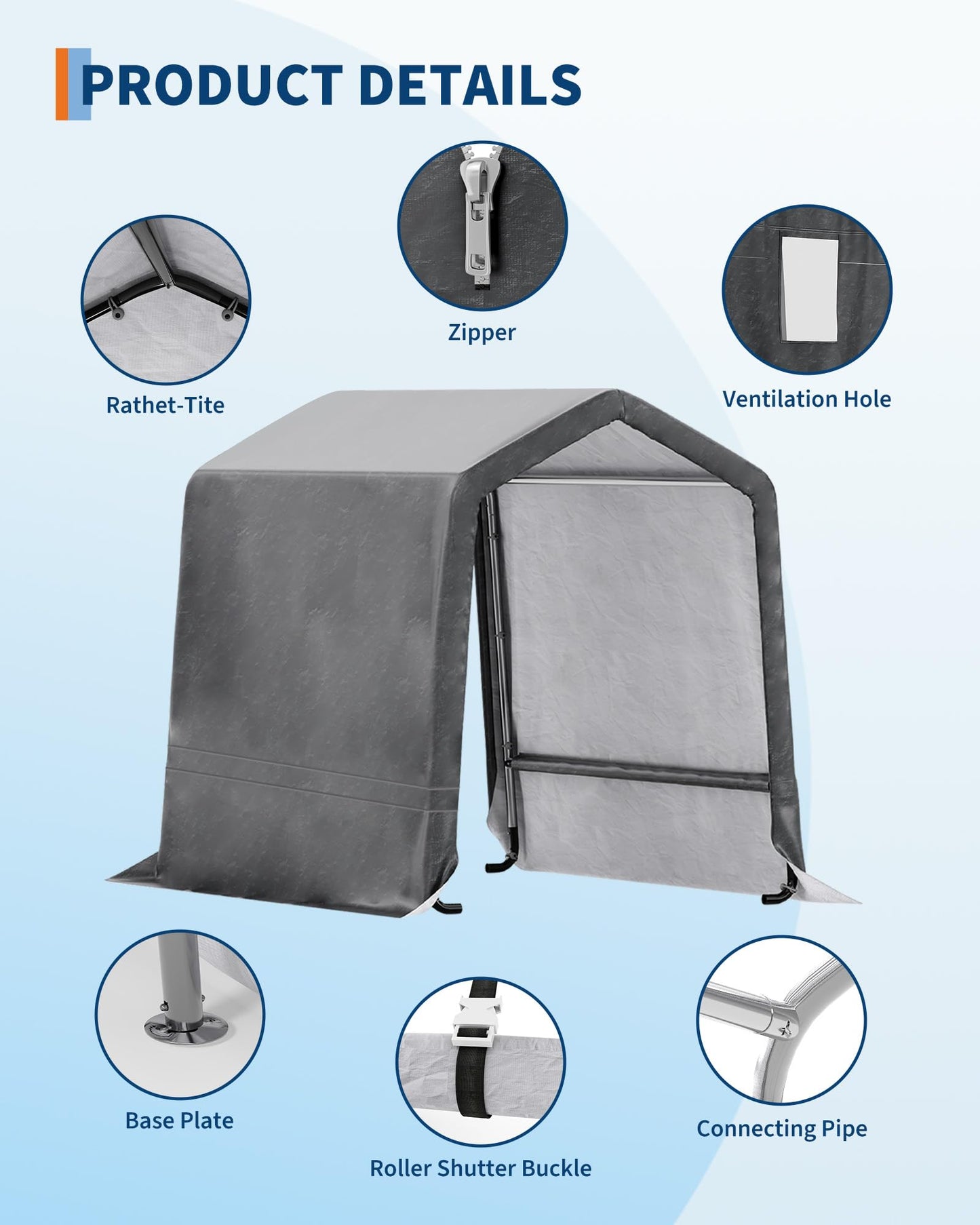 GarveeLife 6x8 ft Outdoor Portable Storage Shed with 2 Roll-Up Doors & Vents, 240G Heavy-Duty Shelter Waterproof PE Tarp, UV-Resistant Storage Sheds for Motorcycle, Firewood, Garden and Tools, Gray