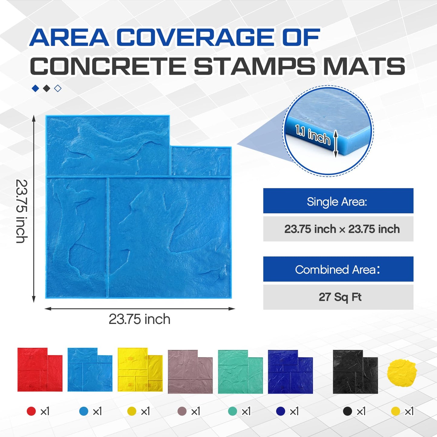 AmazingSpark 8 Pcs Concrete Stamping Mats Set, Concrete Texture Mat Polyurethane Reusable Slate Stamp Soft Hard Molds with Handles Durable for Patio Wall Floors Driveways Walkways (Square,7 Colors)