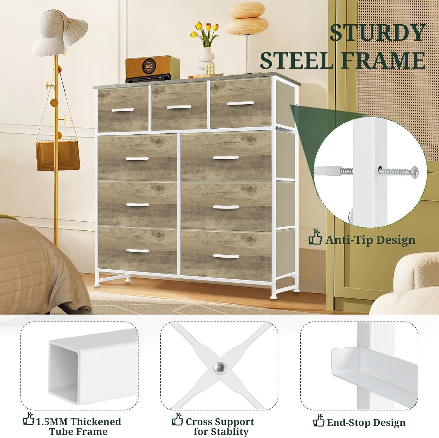 Skiennix 9-Drawer Dresser - Anti-Tip Tall Storage Organizer with Wooden Top & Metal Frame | Greige Oak