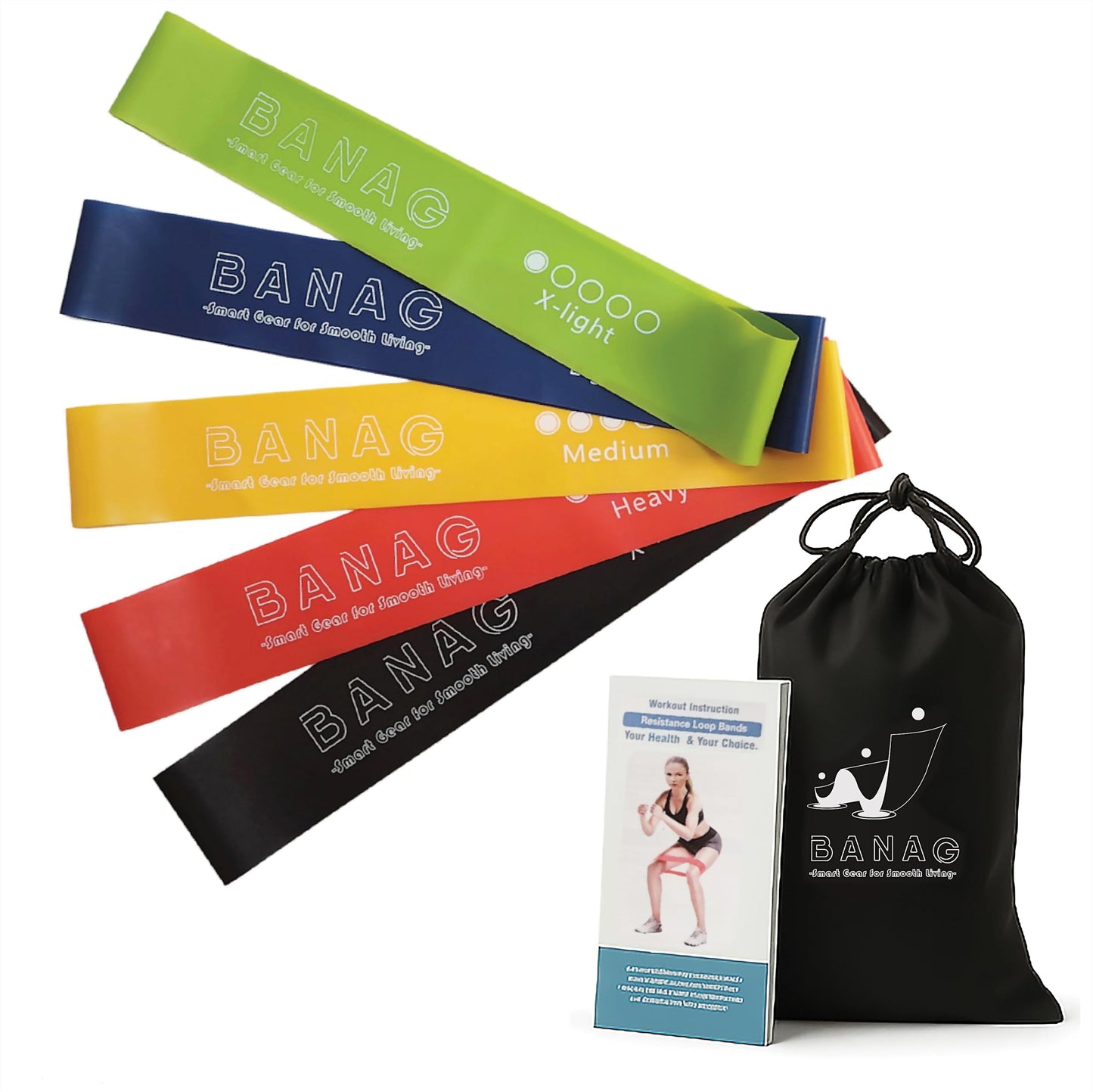 BANAG Resistance Bands Set of 5 – Exercise Bands for Home Workouts, Strength Training & Physical Therapy – Ideal Indoor Fitness Gear for Winter Season – Natural Latex with Carry Bag
