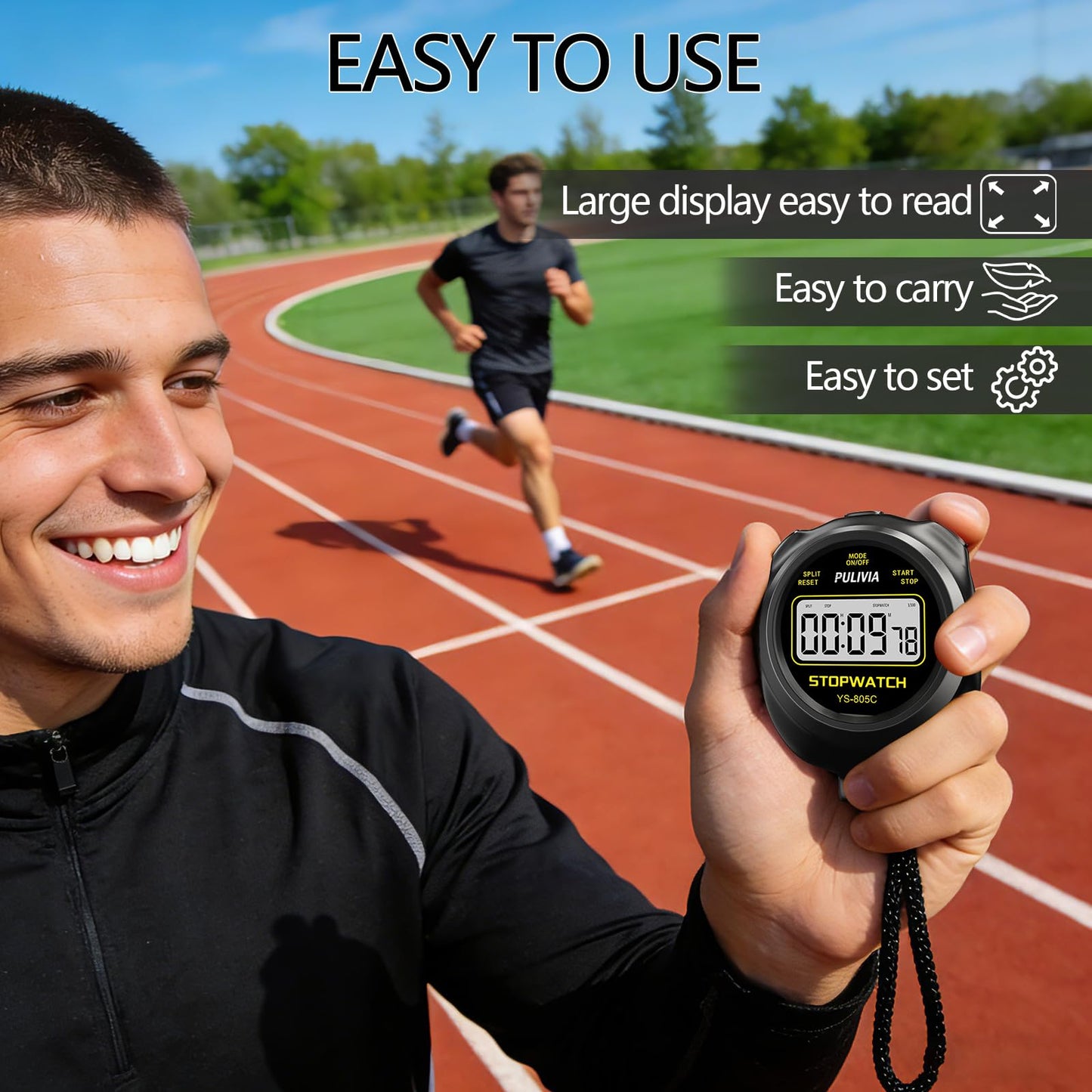 PULIVIA Stopwatch Timer with Countdown, Simple Operation Digital Stop Watch for Sports, Countdown-Alarm Button-Sound, AAA Battery Included (Black)