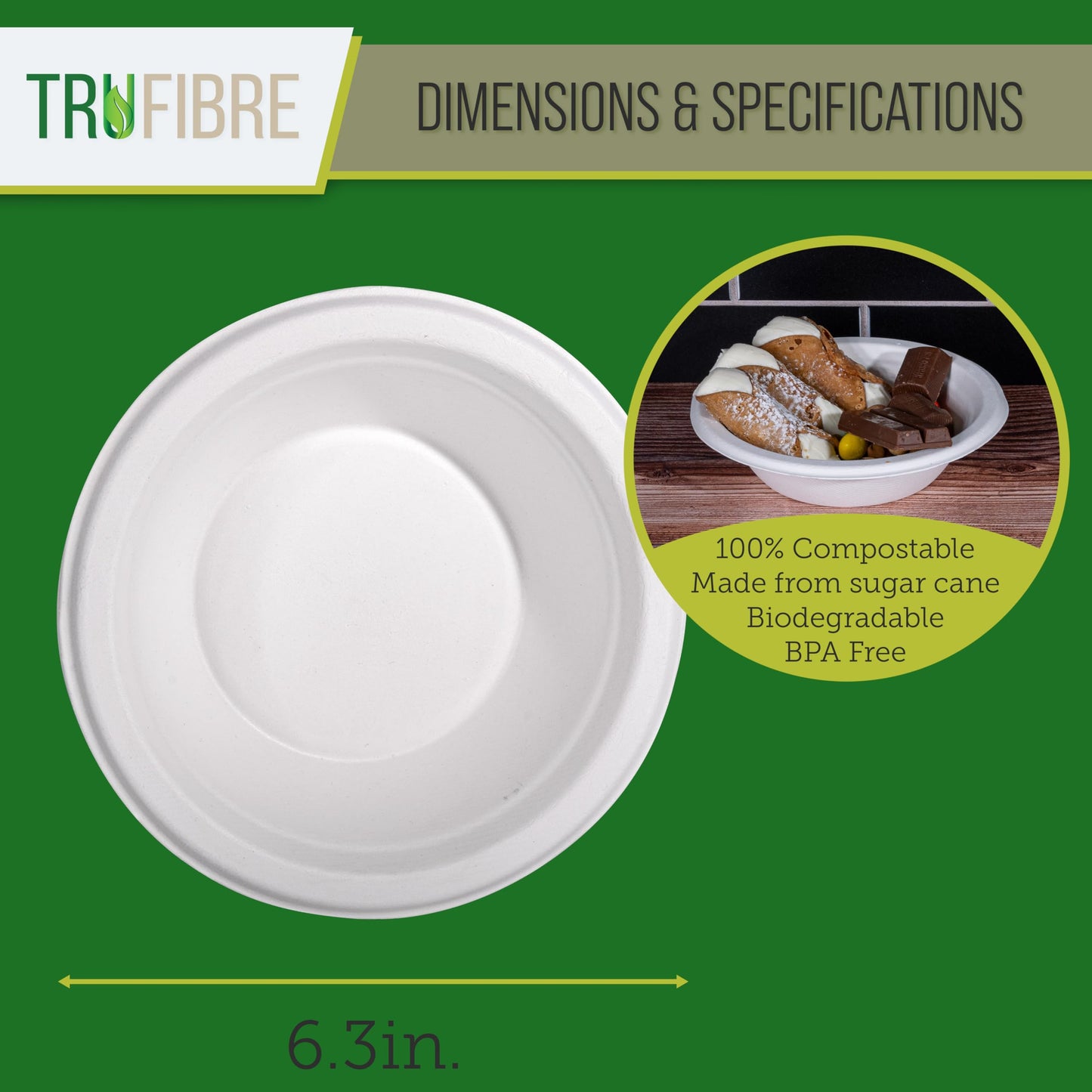 TruFibre Disposable Soup Bowls for Hot Food, 100 Pack, 12 Oz Paper Bowls, Compostable Heavy Duty Bagasse, Disposable Bowls for Cold Cereal, Salad, Bulk