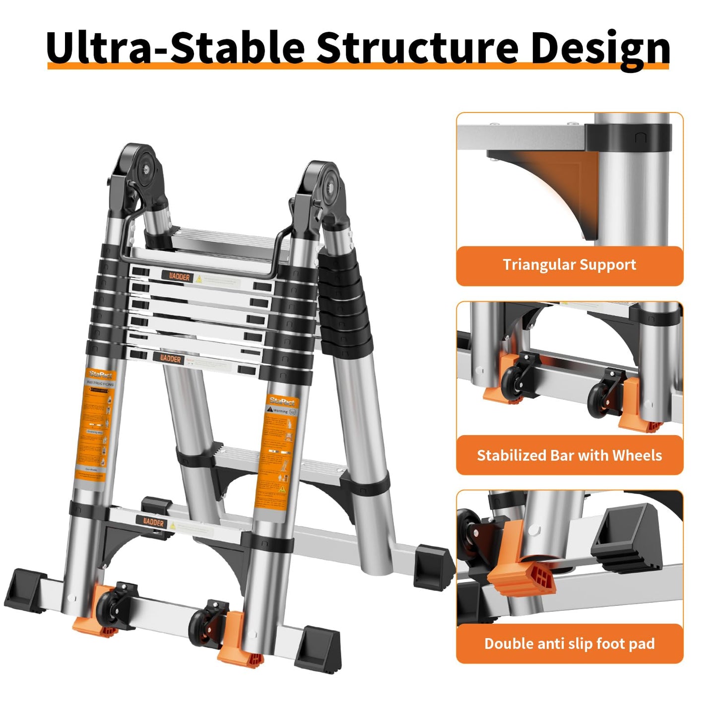 Telescoping Ladder A Frame,Telescopic Ladder for Home, Roof, RV，12.5 Ft Aluminum Extension Ladder with Balance Bar,Wheels and 2 Triangle Stabilizers，330 lb Capacity (12.5FT-A Frame PRO)