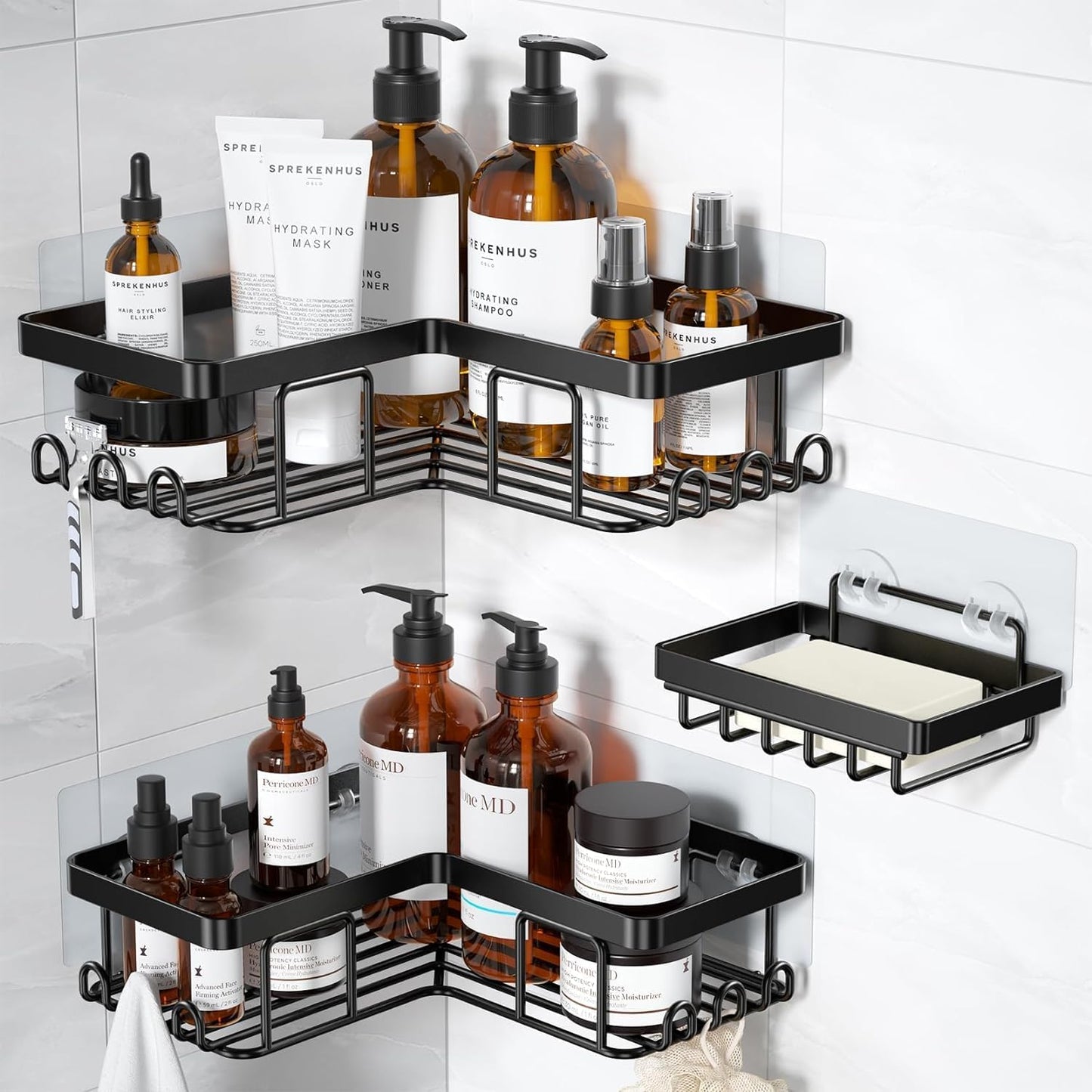 YASONIC Corner Shower Caddy - Rustproof Stainless Steel Bathroom Organizer | No Drilling, Black, 3-Pack