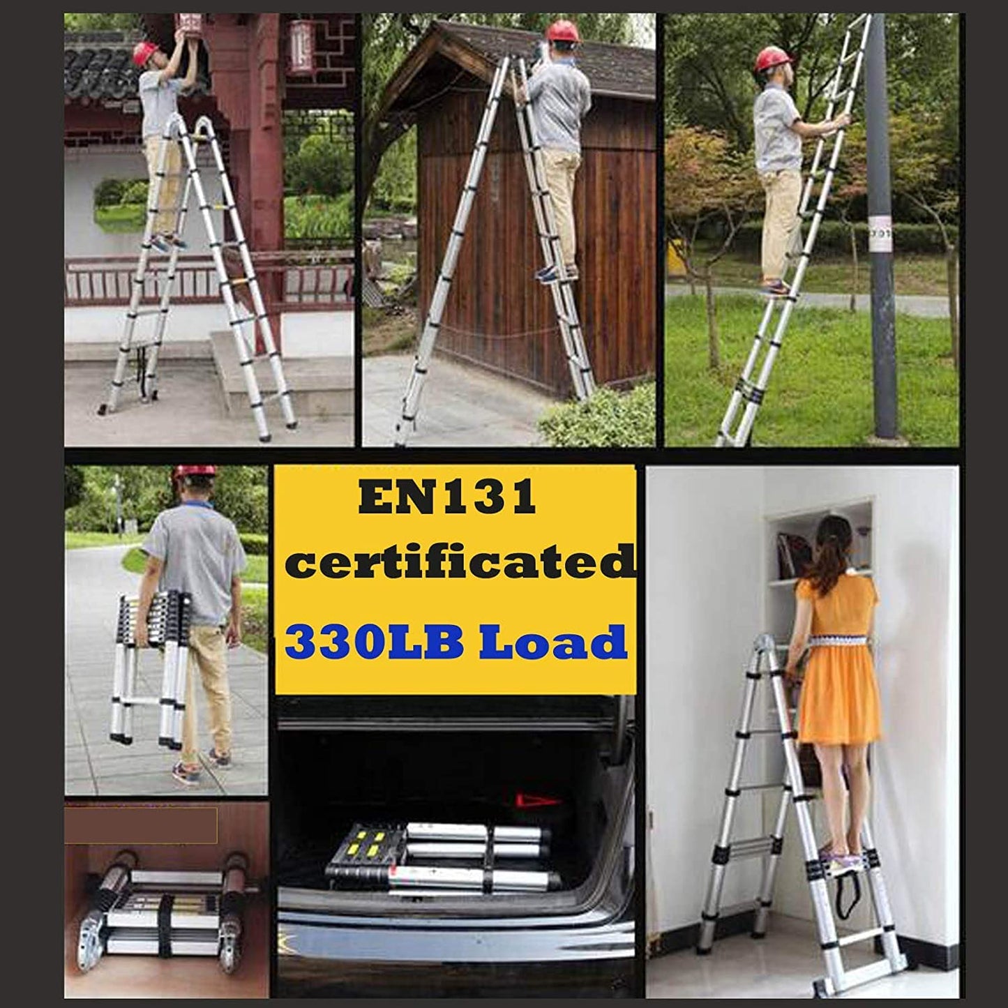 A-Frame Telescoping Ladder 12.5ft 6 + 6 Steps Adjustable Height with Support Bar Anti-Slip Feet, 330lbs Max Load, Folded Height 2.7ft Space Saving Easy to Transport, Heavy Duty RV Home Ladder