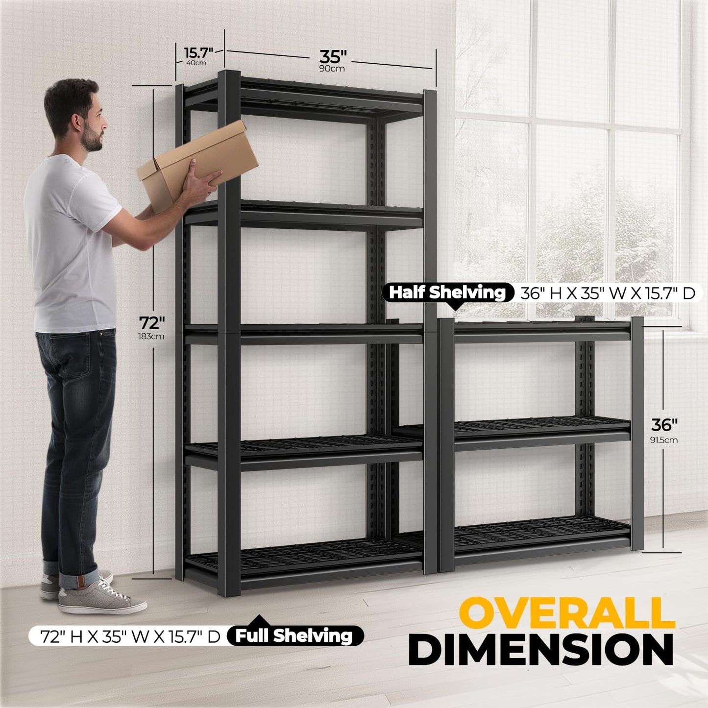 Auto Dynasty 5-Tier Storage Shelves Set of 2, 72" H (3000LBS Capacity) Adjustable Garage Shelving, Metal Storage Utility Rack Shelf Unit for Pantry Kitchen Warehouse, 72" H x 35" W x 16" D, Black