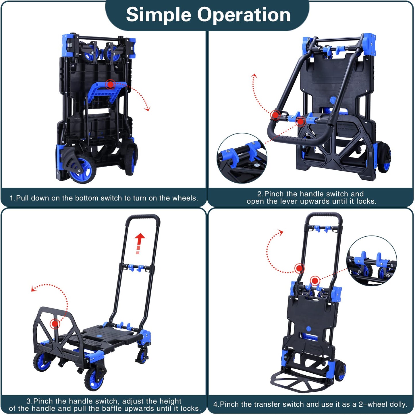 2-in-1 Hand Truck Dolly Foldable,330LB Capacity Hand Dolly,Folding Hand Cart with Retractable Handle,Hand Truck Foldable with 4 Wheels,Portable Handtruck