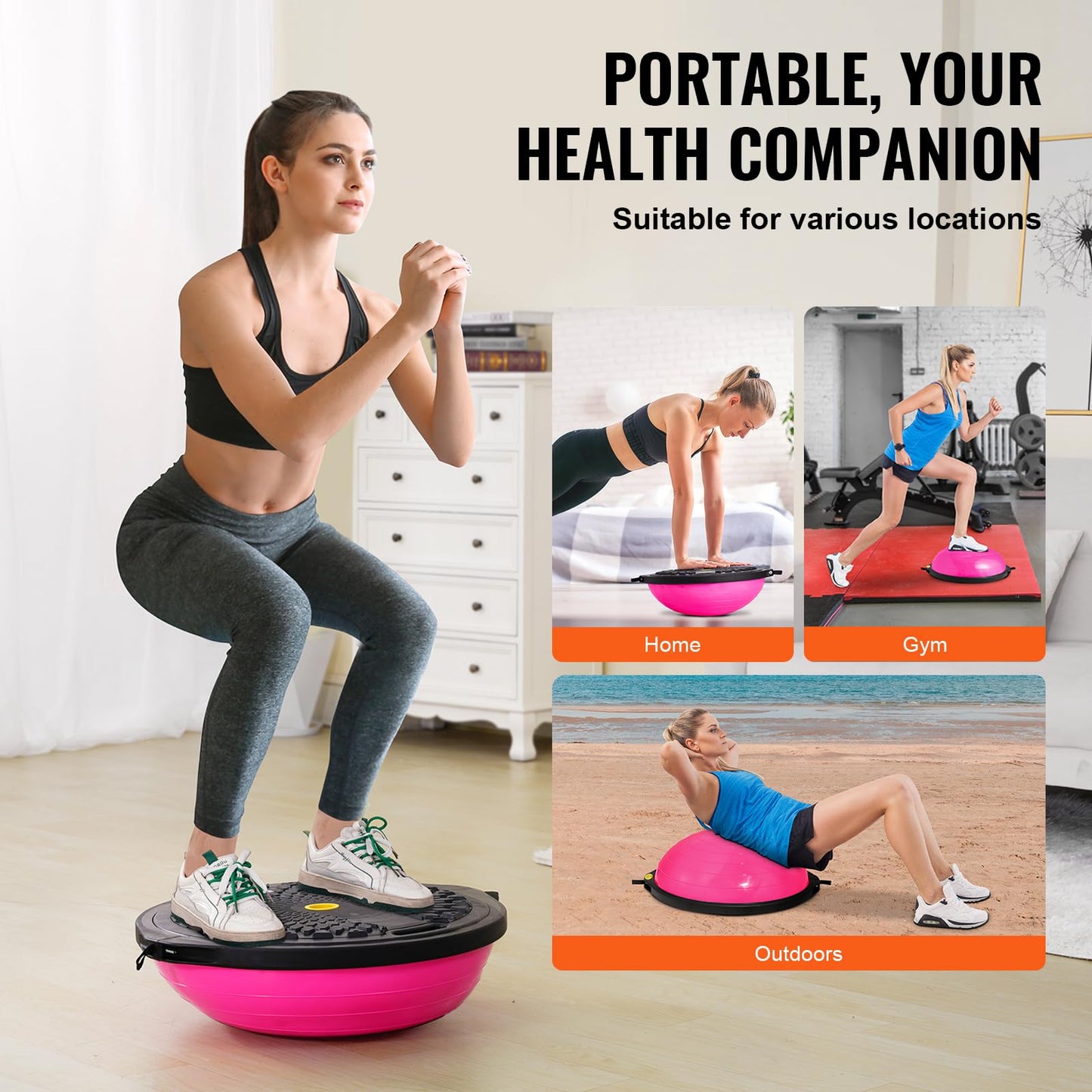 VEVOR 26-inch Half Exercise Ball Trainer, 1500 lbs Capacity Balance Ball, Includes Resistance Bands and Pump, Ideal for Full Body Workouts, Yoga, and Strength Training at Home Gym, Pink