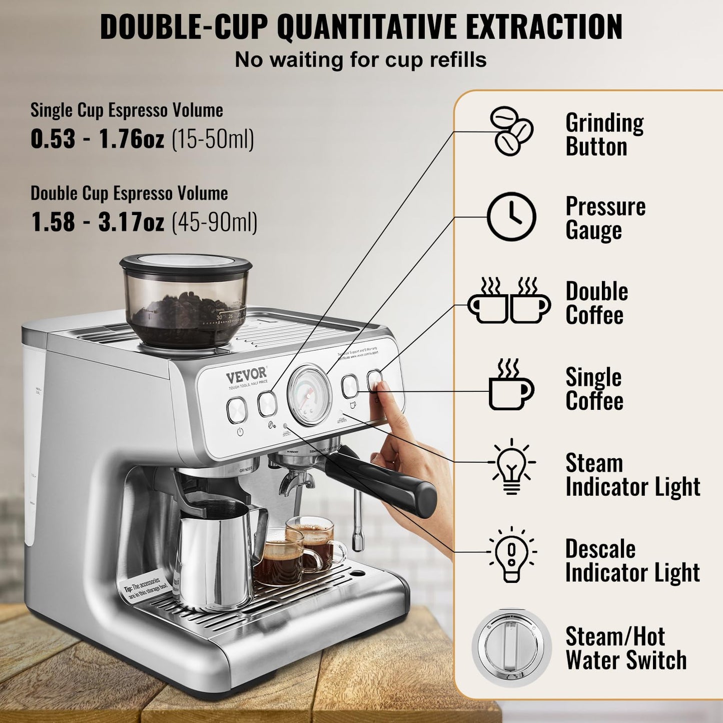 VEVOR Espresso Machine Built-in Grinder, 15 Bar Semi-Automatic Espresso Coffee Maker with Milk Frother Steam Wand, PID Control System for Cappuccino, Latte, Machiato