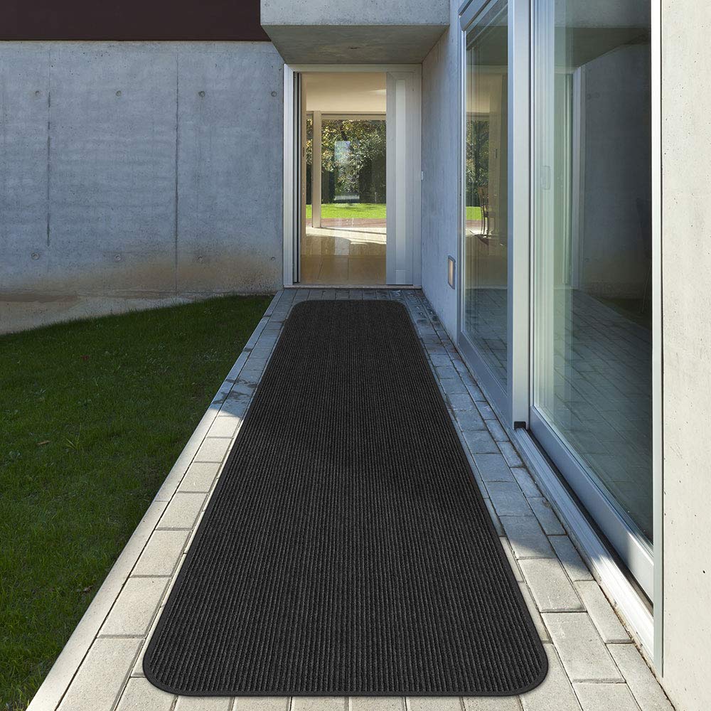 House, Home and More Indoor Outdoor Double-Ribbed Carpet Runner with Skid-Resistant Rubber Backing - Smokey Black - 3 Feet x 15 Feet