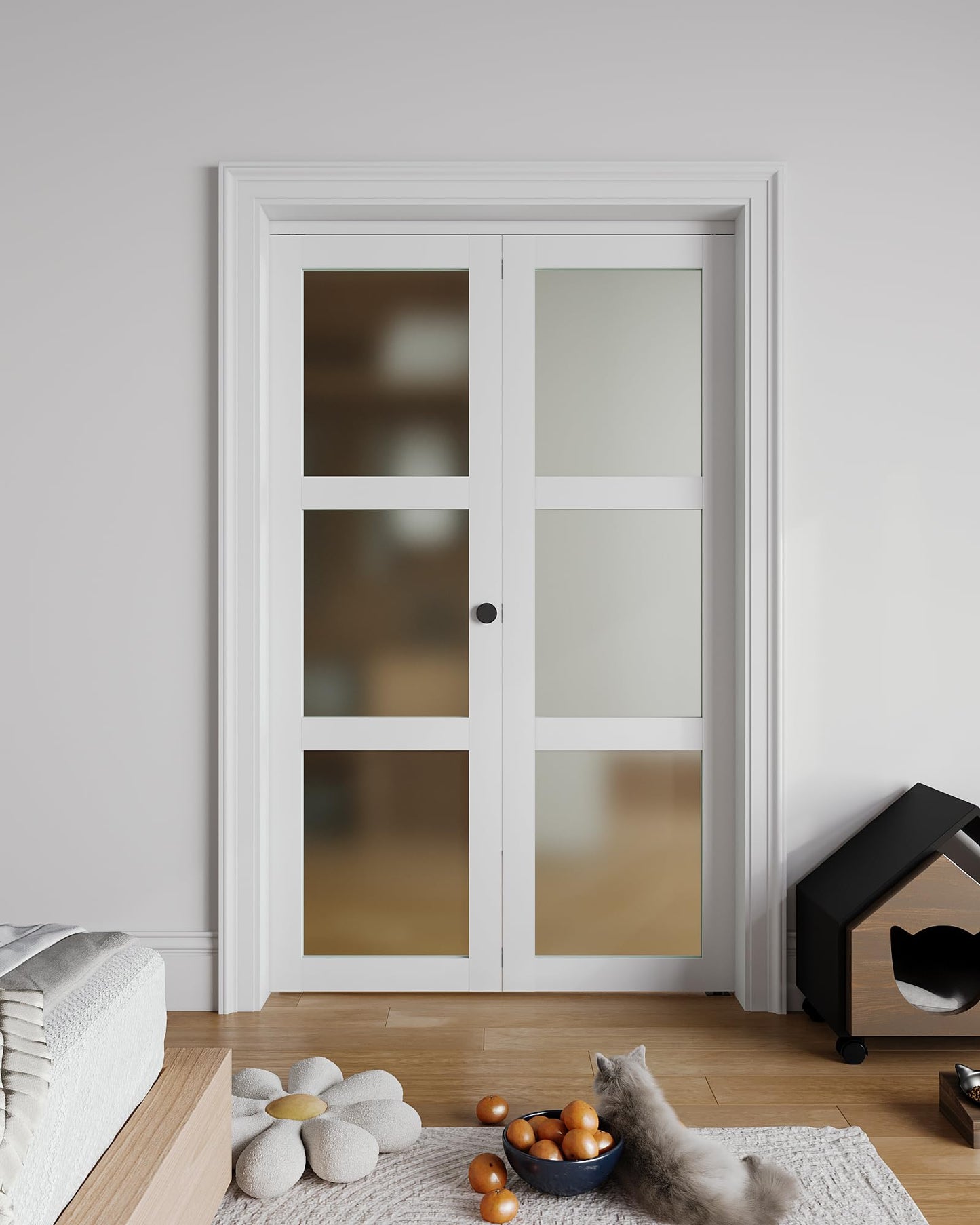 Bifold Closet Doors for 36"x 80" Opening, Tempered Frosted Glass Accordion Barn Door with Concealed Hardware Kit Included, Closet Door for Water-Proof PVC White Surface, Easy Install