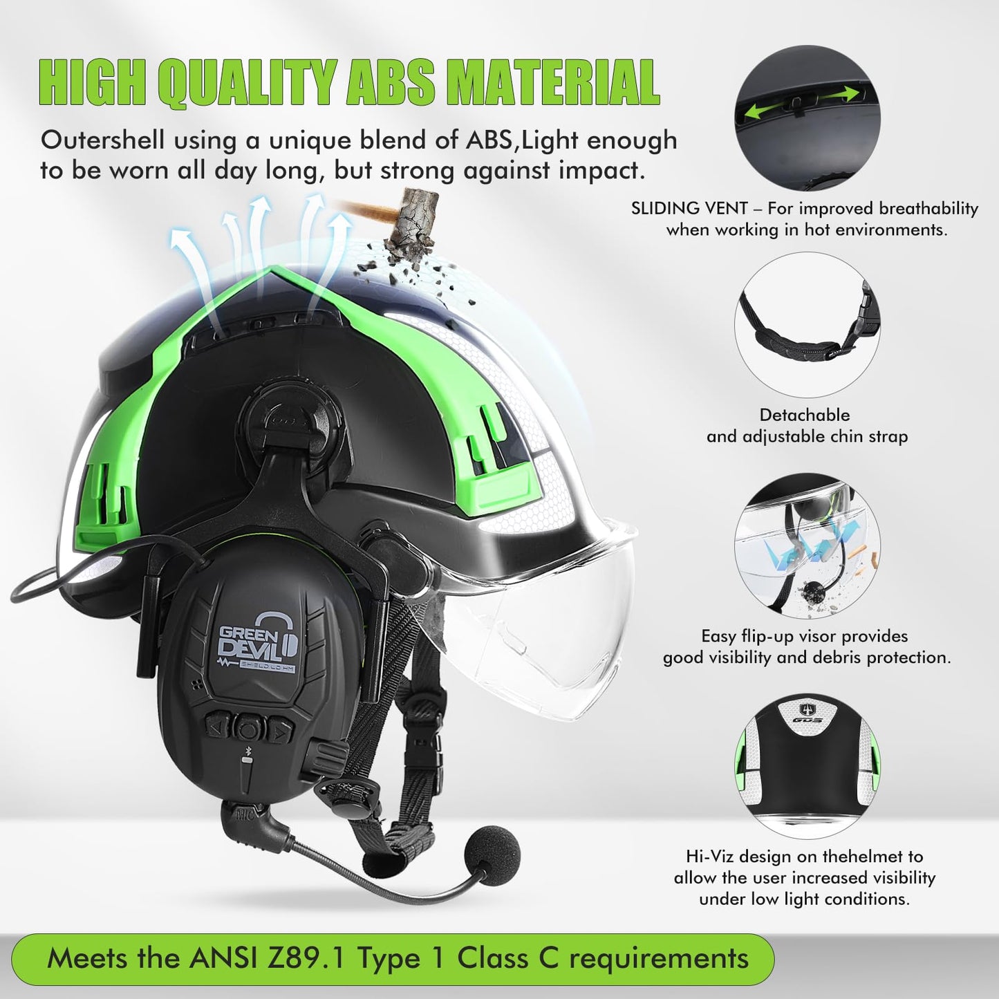 GREEN DEVIL X-Armor Series Hard Hat with Visor and Bluetooth Ear Muffs Vented ABS Work Hardhat for Men Women Cascos De Construccion Safety Helmet Ideal for Industrial & Construction