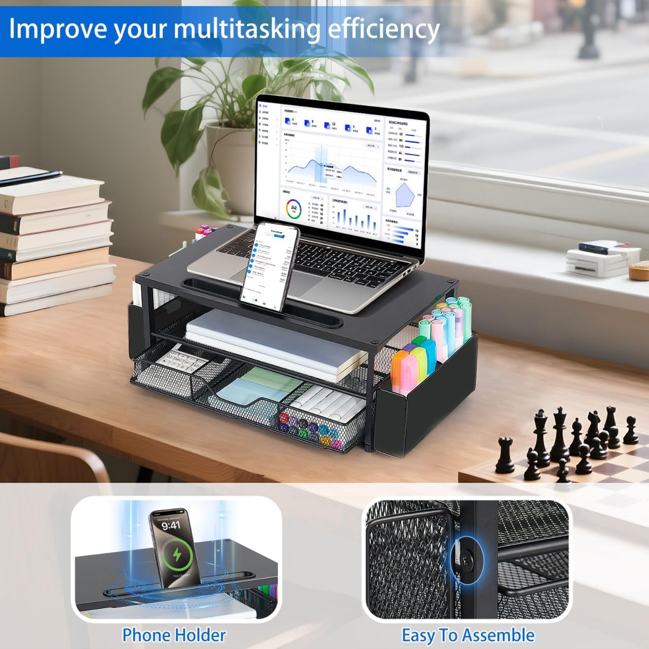 2-Tier AUPSEN Wood Computer Monitor Stand Riser, Black Desk Organizer with Drawer, Pen Storage & Phone Holder Office