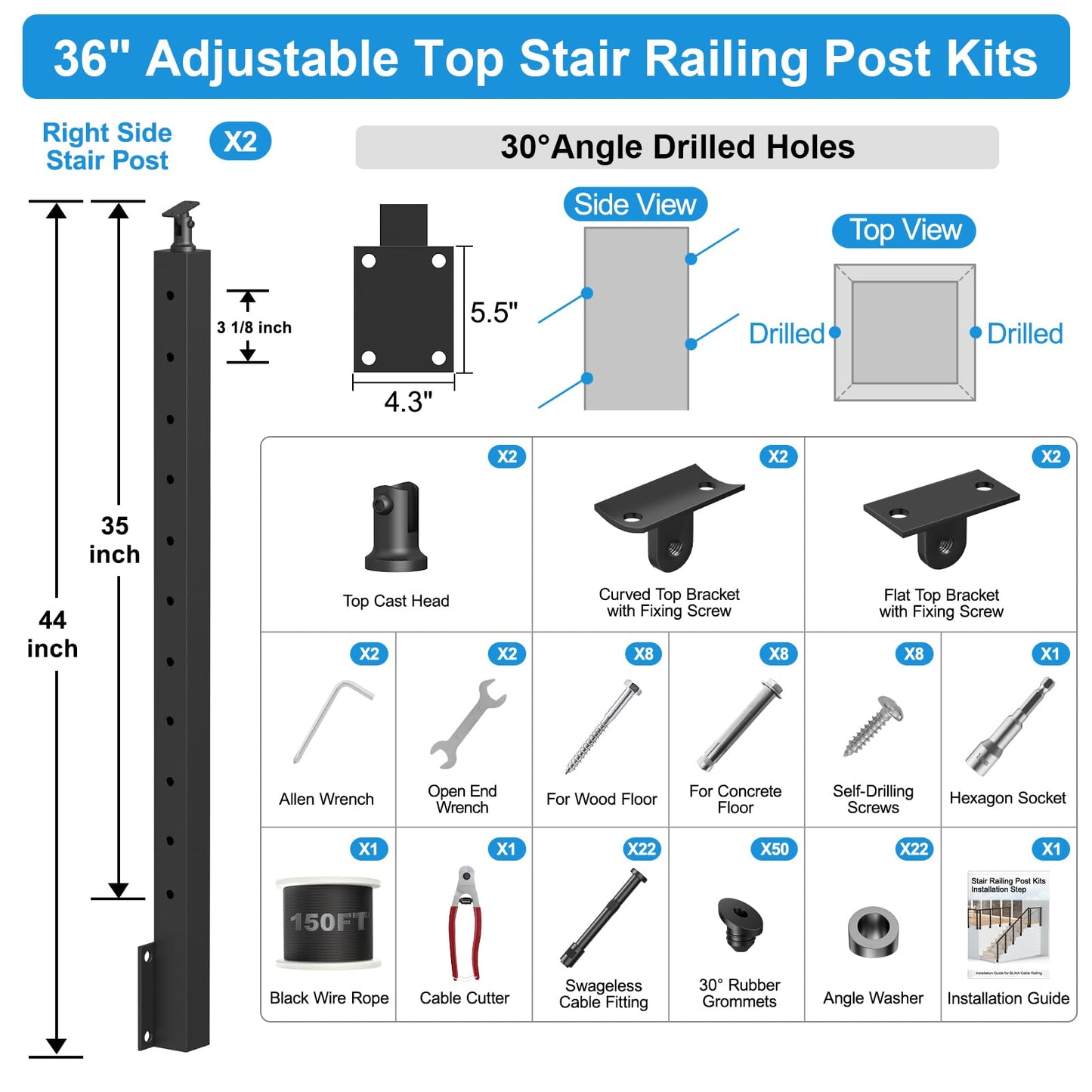 RailinGo 4-12FT 36" Side Mount Stair Railing Post Kits Include 2Pack Right Side Stair Posts, 150FT Wire Rope, Fasica Mount Swageless Stair Railing, 1/8" Stainless Steel Black Cable Railing Kits, RG73