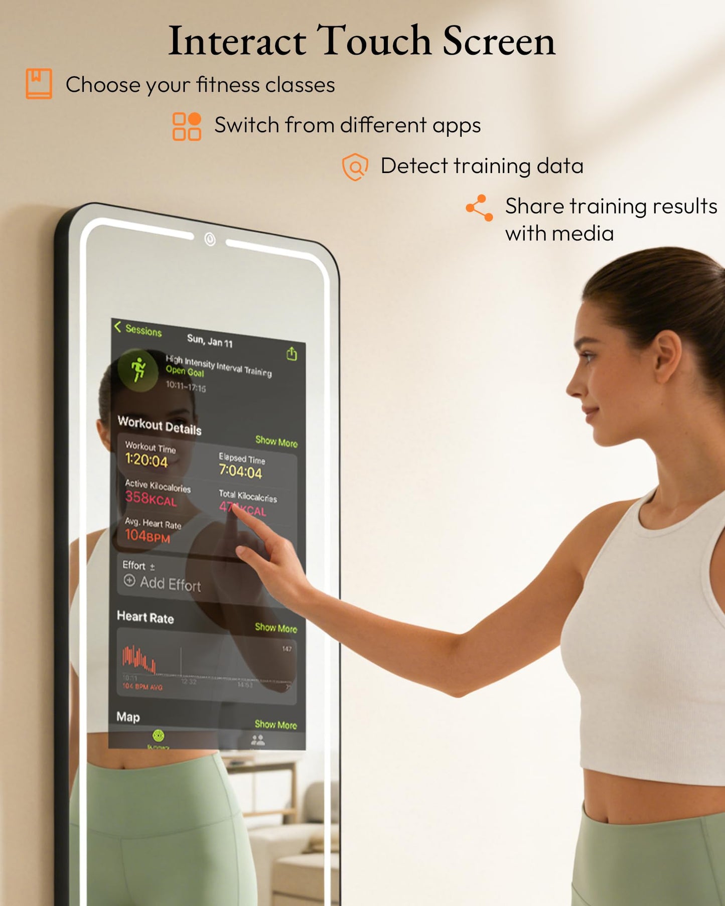 HARZHI 32 Inch Smart Gym Mirror, HD Touch Screen, Android OS, No VIP Fees, Voice Control, Music Sync LED Light Strip, Perfect for Home Gym/Yoga