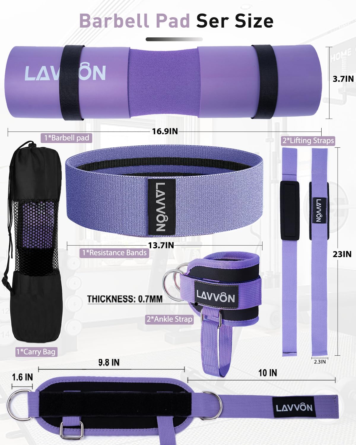 7Pcs-Barbell Pad Set for Hip Thrust - Squat Pad, Bench Press Workout Foam Weight Lifting Bar Cushion,Gym Accessories for Women with Bar Bad,with Gym Ankle Straps,Hip Resistance Bands,Lifting Strap (Purple)