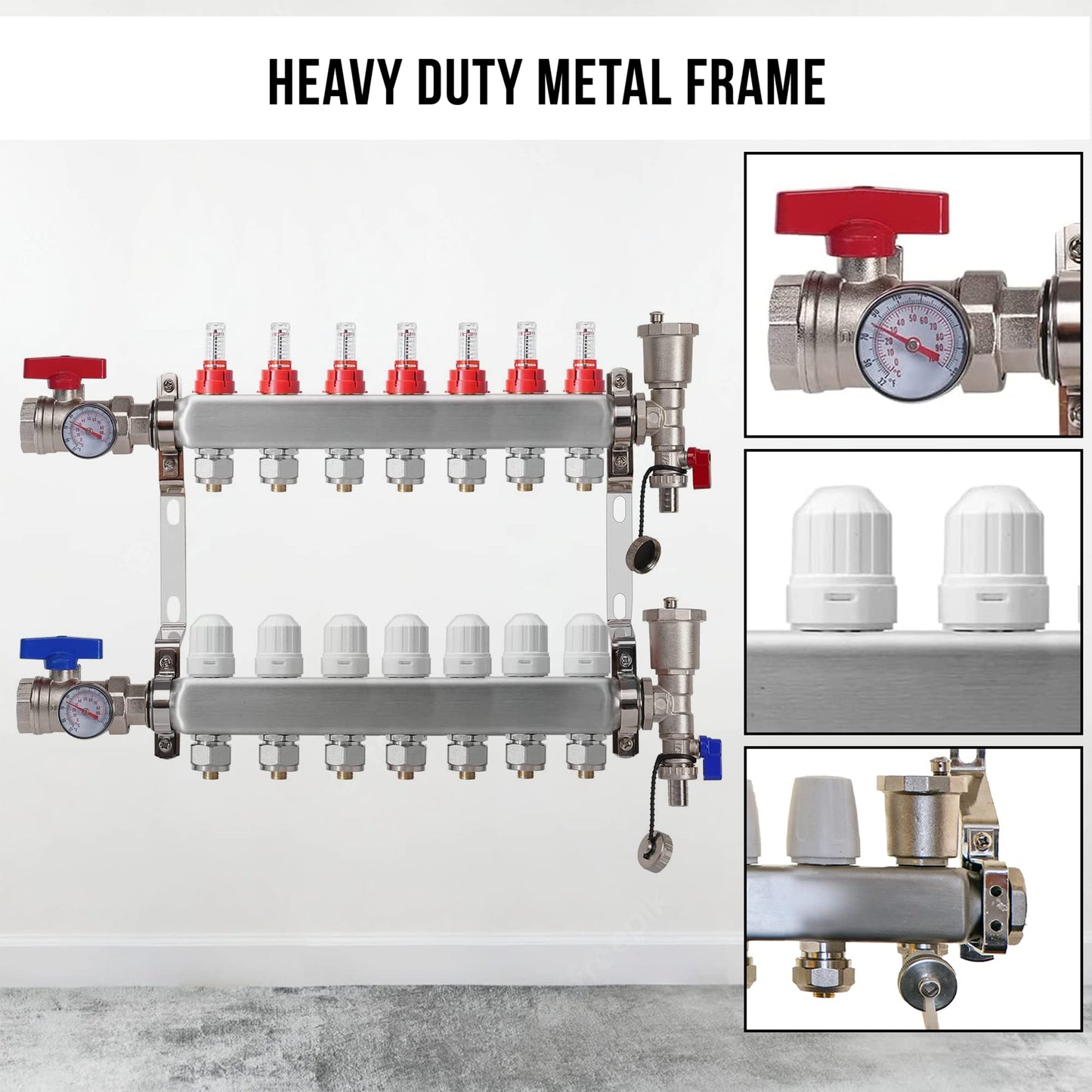 7 Loop PEX Plumbing Manifold - Stainless Steel Radiant Floor Heating Manifold - PEX Tubing Manifold With 2 Wire Actuators (1/2" PEX Adapters included)