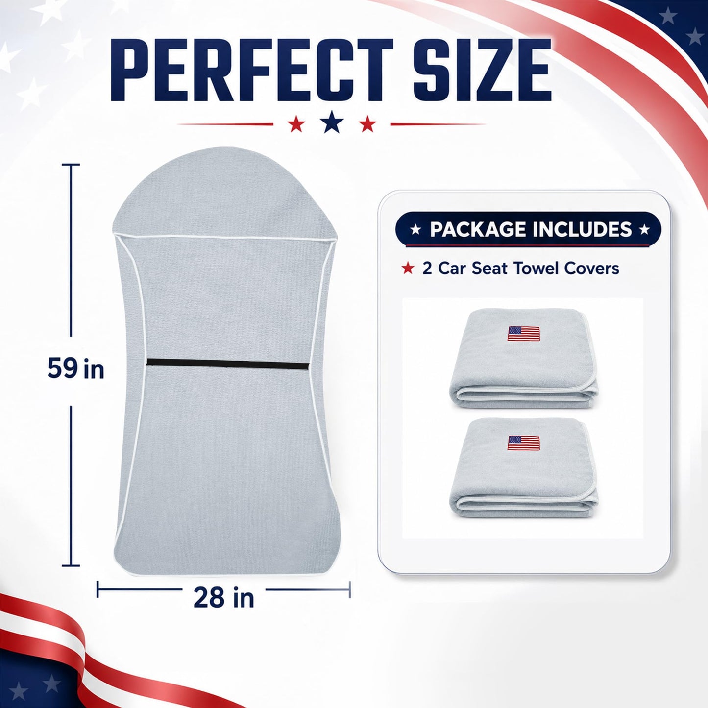 CORTHENA Car Seat Towel Cover (2-Pack), Sweat-Proof & Absorbent Microfiber Seat Protector for Gym, Workout & Beach, Universal Fit for Most Cars, SUVs & Trucks, 59"x29", Silver Gray Flag