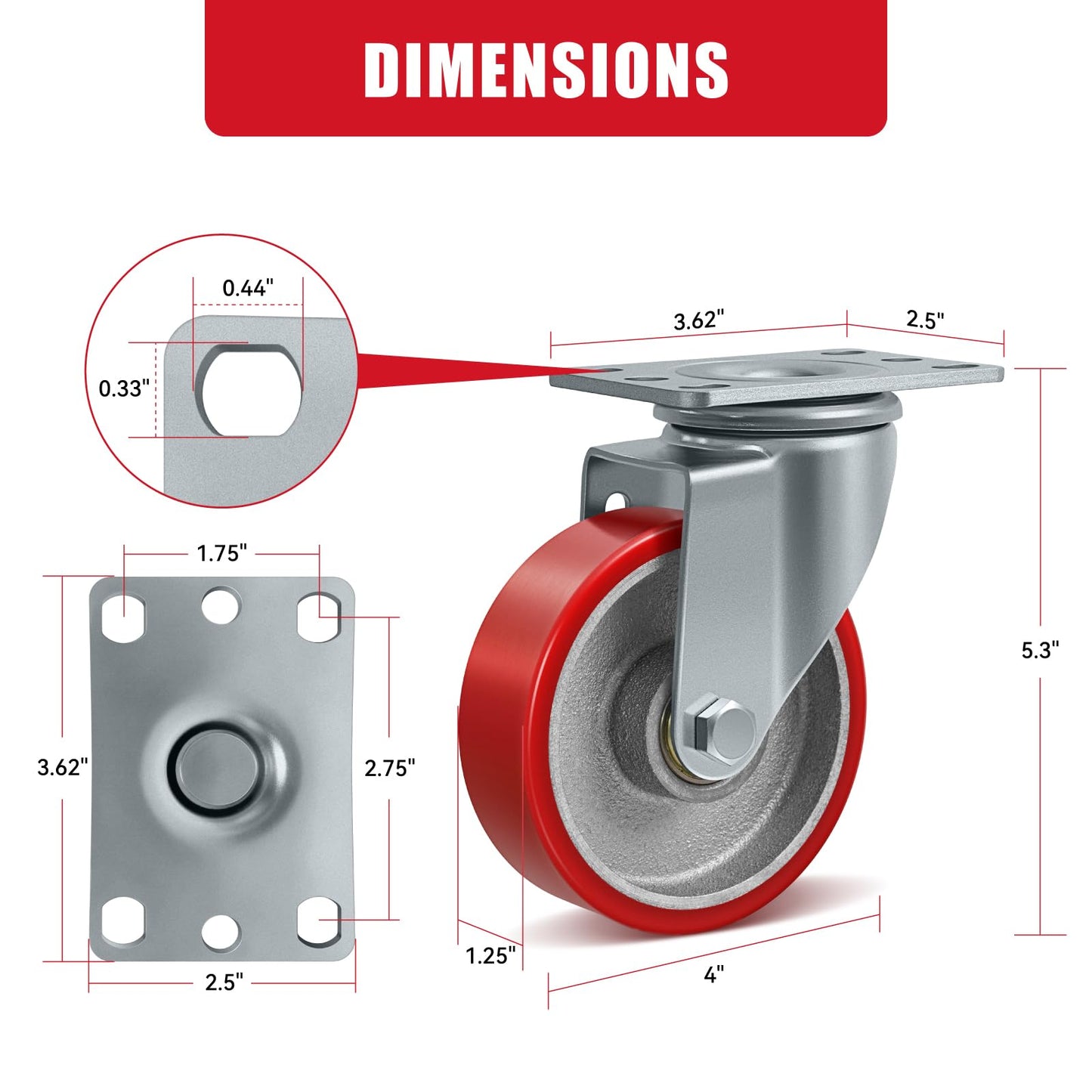 CWfutureparts 4" Industrial Heavy Duty Casters Set of 4, Polyurethane on Cast Iron Caster Wheels, 4 Swivel, 1800 lbs Capacity, for Cart, Workbench, Toolbox, Equipment