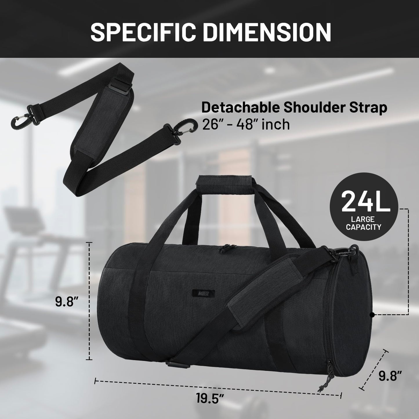 MIER Gym Bag Round Duffle Bag with Shoe Compartment & Wet Pocket, Lightweight Carry on Duffel for Men Women Workout Fitness Travel Sports, 24L, Black