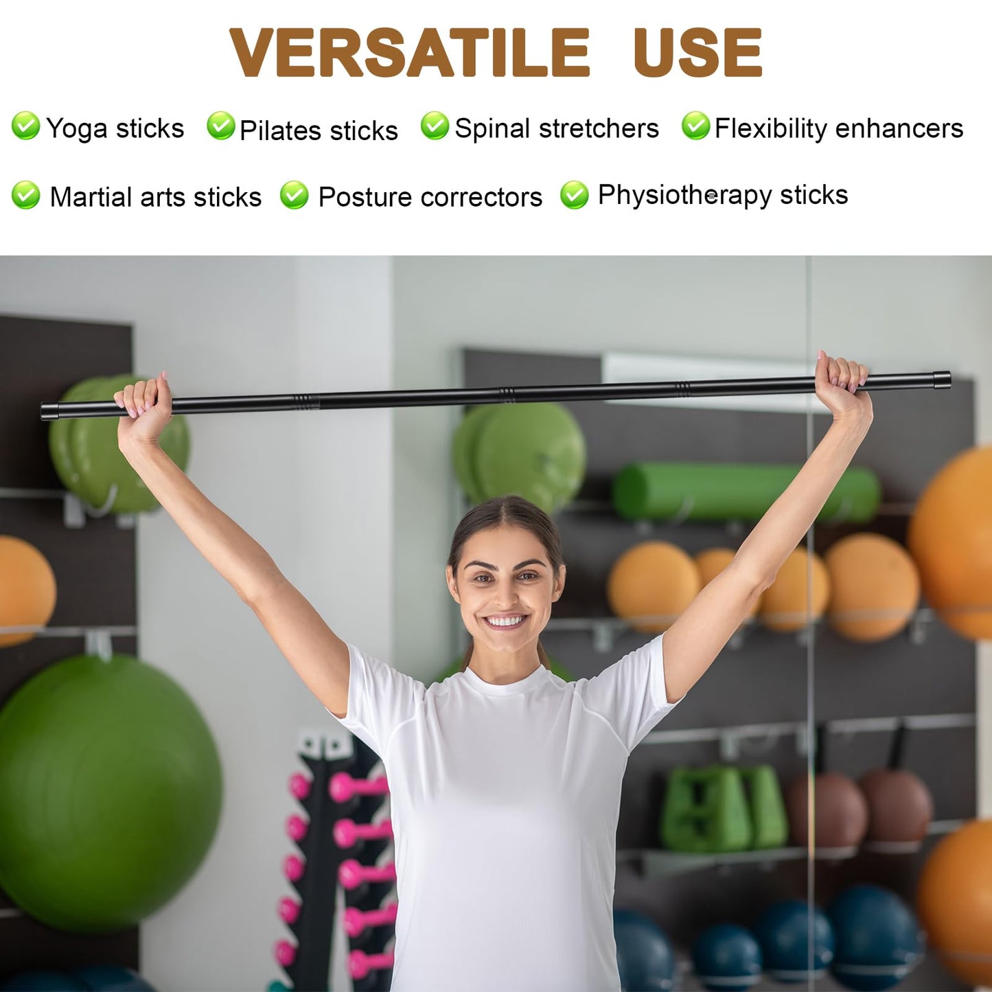6 Set 5ft Yoga Stick Adjustable Stretching Sticks, Black Exercise Stick with Non-slip Rubber Ends, Posture Corrector Stretch Tool for Mobility Training, Workout, Balance Fitness (Per Set 5ft, Black)
