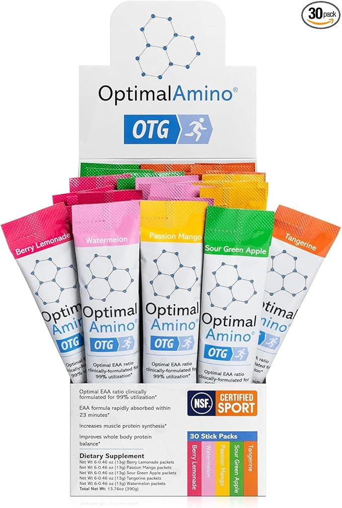 OTG Stick Packs, 5 Flavor Variety Box (30 Count), 99% Utilized Essential Amino Acid (EAA) Supplement, Increase Muscle Recovery, Vegan/Keto Pre/Post Workout, NSF Certified for Sport