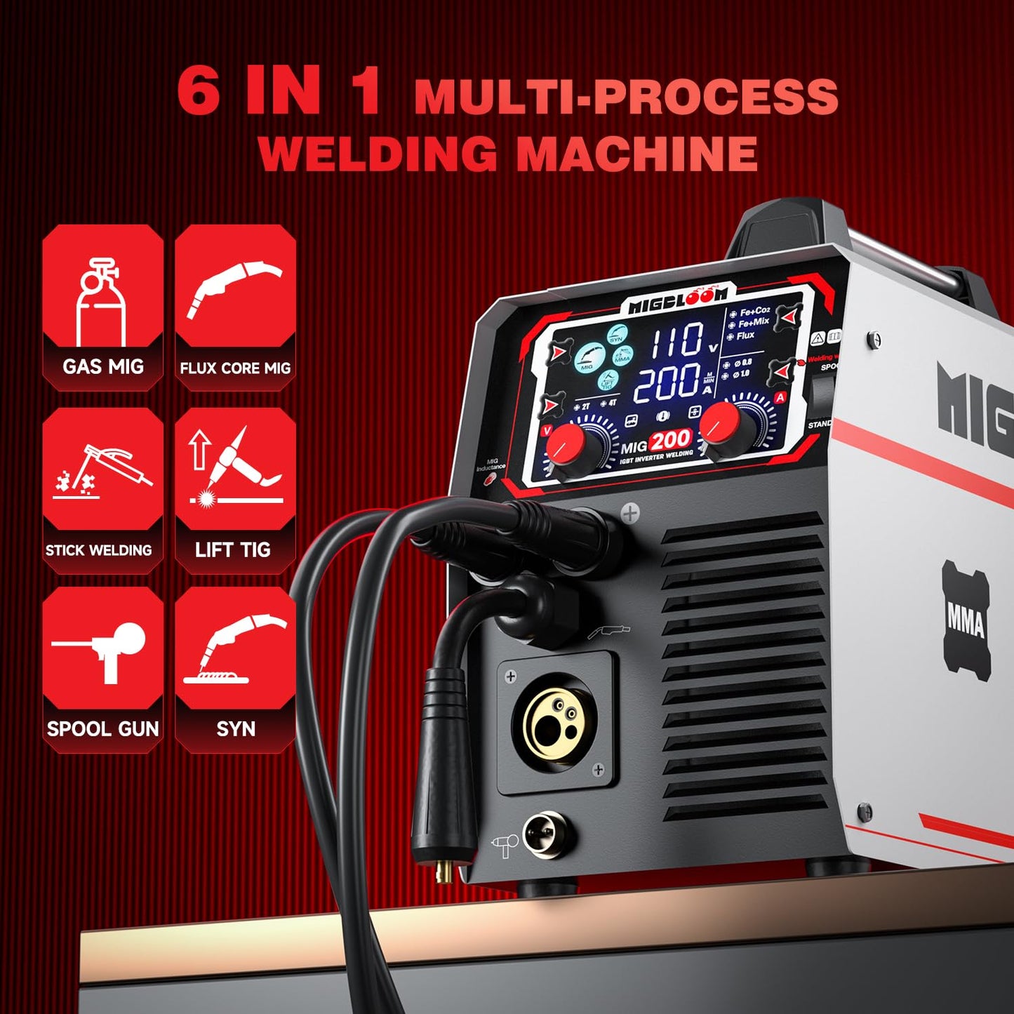 MIGBLOOM 200A Mig Welding Machine 110V/220V 6 in 1 Gas MIG/Gasless Flux Core/Stick/Lift TIG/Spool Gun/Syn Mig Welder Machine Multiprocess IGBT Inverter Welders