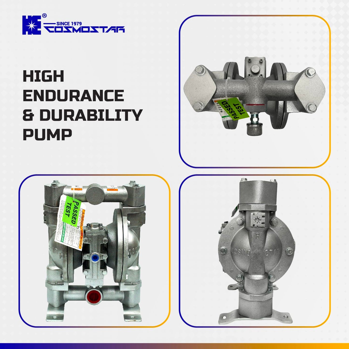 COSMOSTAR D0906 1" Double Air Diaphragm Pump - Aluminum Body, Teflon Ball, Seat and Diaphragm With Muffler - Chemical, Waste Oil, Pneumatic Oil Pump