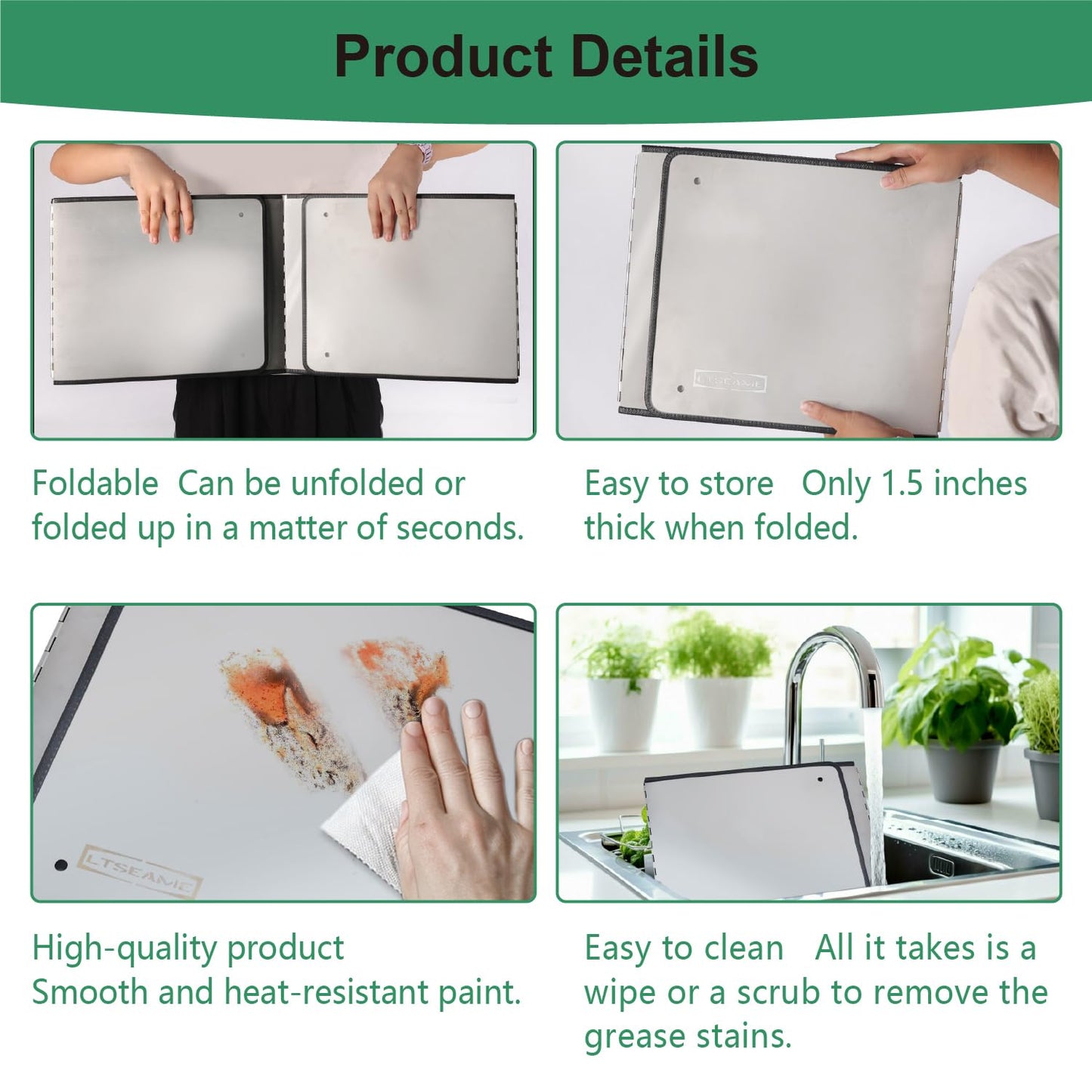Silver Stainless Steel Large 4 Sided Splatter Guard for Frying Stove Top,Oil Splash Guard Cooking for Stove,Non Stick Foldable Splatter Screen for Stove Top